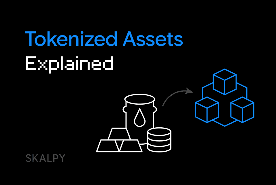 Digital visualization of tokenized gold, oil, and stocks integrated into the Skalpy terminal interface, showing seamless trading of real-world assets on the blockchain.