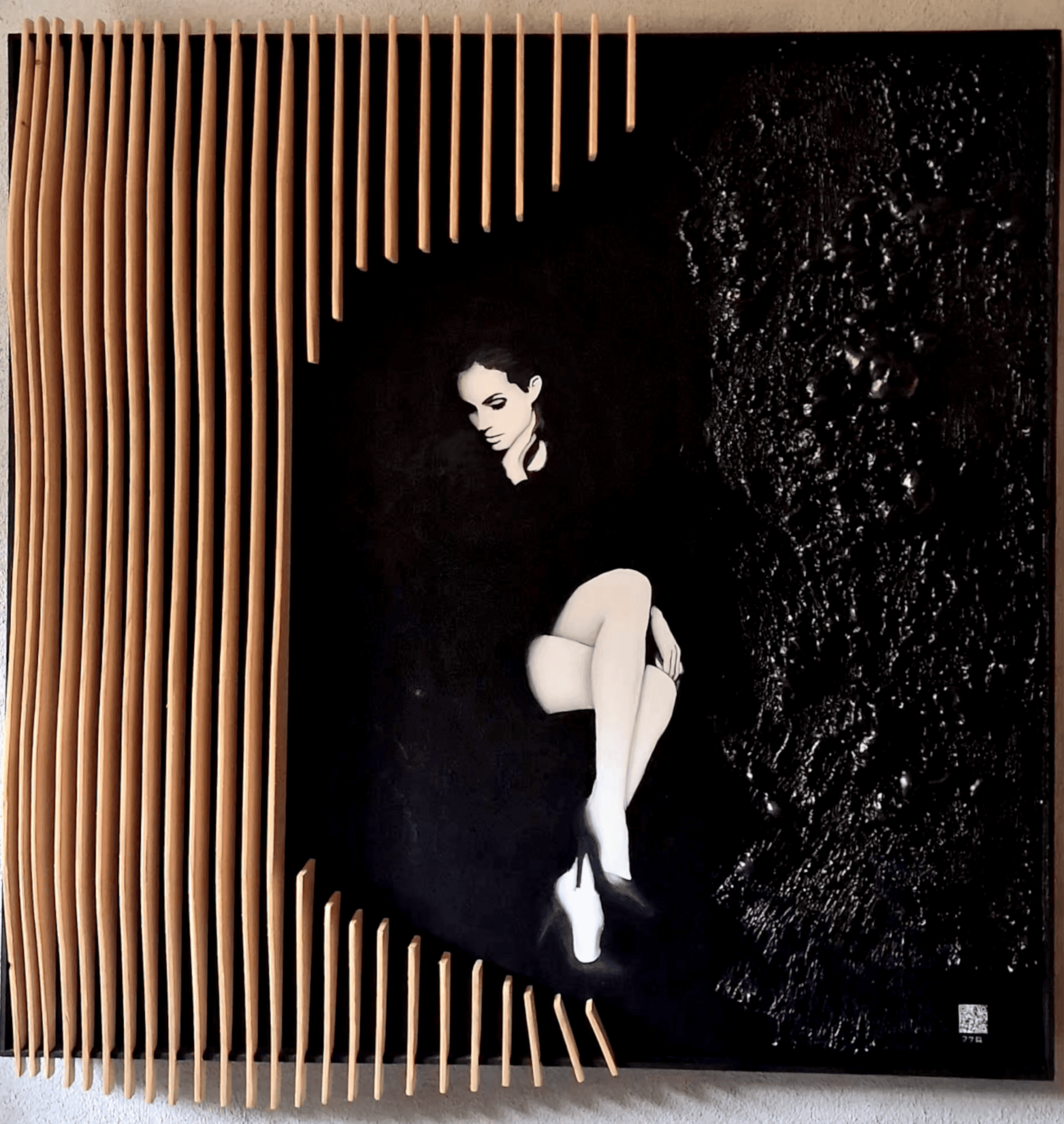 Contemporary mixed media painting with wooden elements and human figure, contrast between light and darkness, textured black background and geometric vertical lines