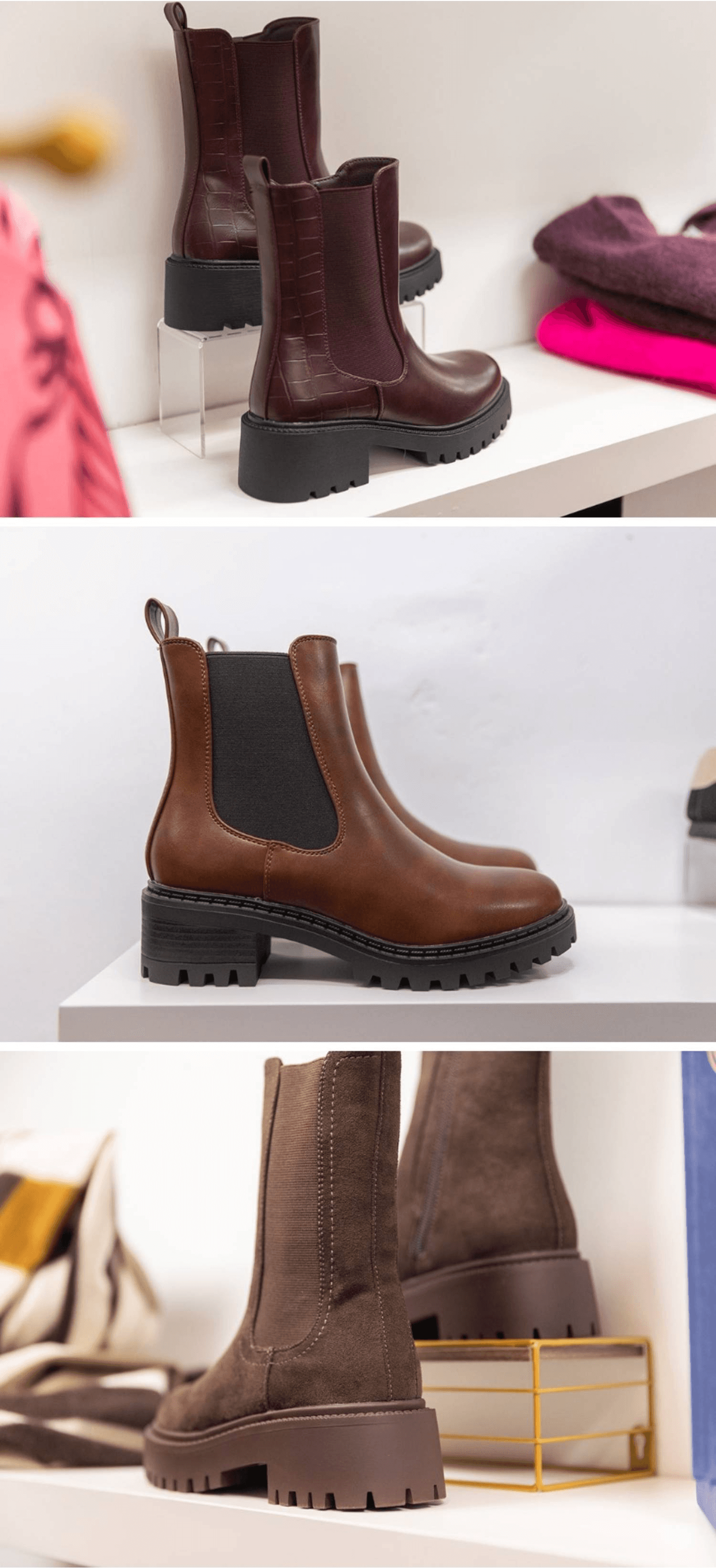 Chunky-soled autumn boots from Feather & Sole, Wokingham, displayed in rich burgundy, classic tan and soft chocolate brown—showing versatile shapes and textures perfect for personalised style styling.