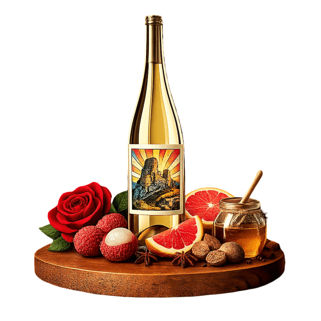 Artistic label and flavor profile for Slovak Devin on a rustic wooden table.