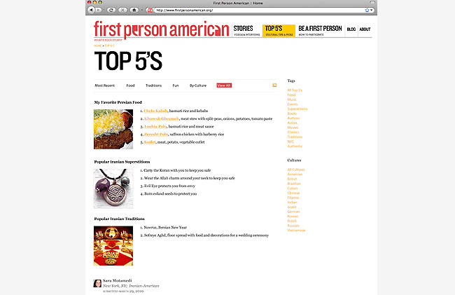 A screenshot of the First Person American website shows the "TOP 5'S" section. The page displays "My Favorite Persian Food" and "Popular Iranian Superstitions," with tags including "All Cuisines," "All Countries," "All Cultures," and "All Nations."  A small image of jewelry is visible below the titles. The date and time are displayed as "March 29, 2010."