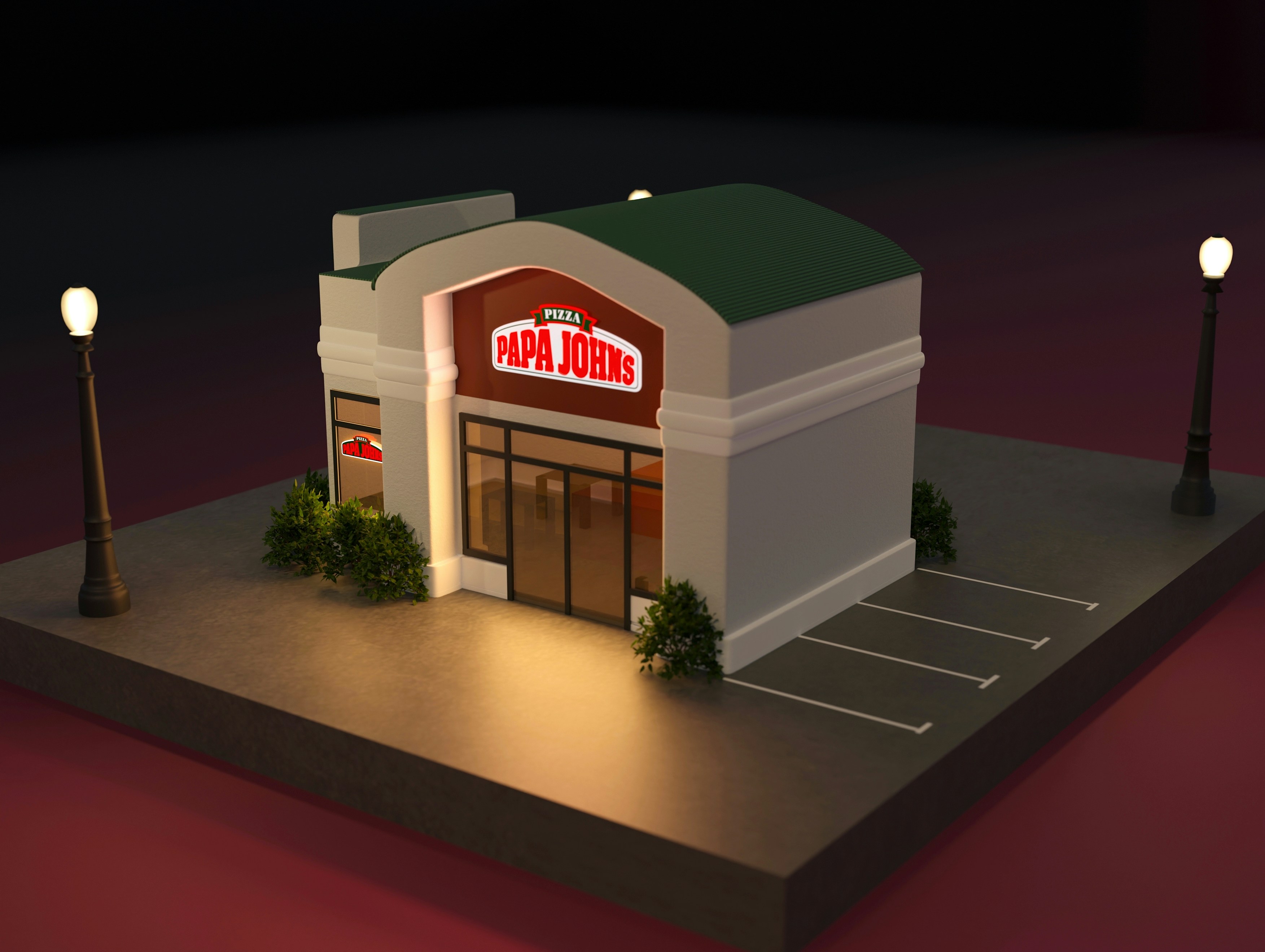 Stylized small retail building 3D render with warm night lighting