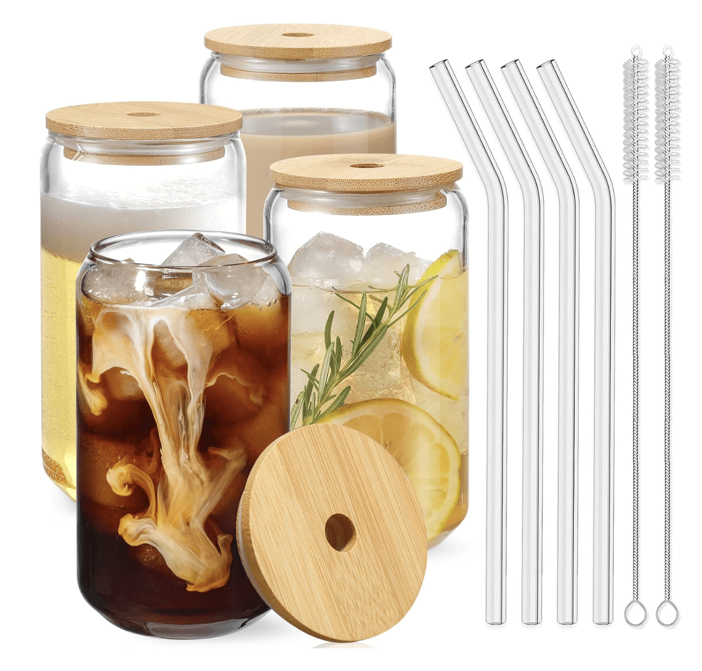 4 Drinking Glasses with Bamboo Lids and Glass Straws