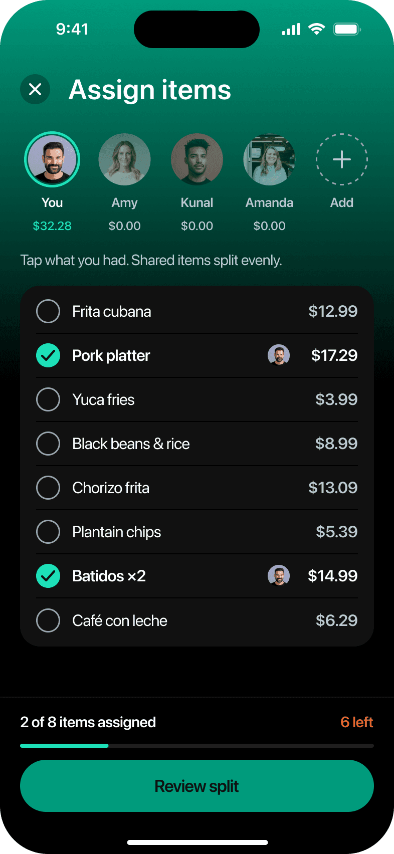 Assign items, You selected, 2 taps in