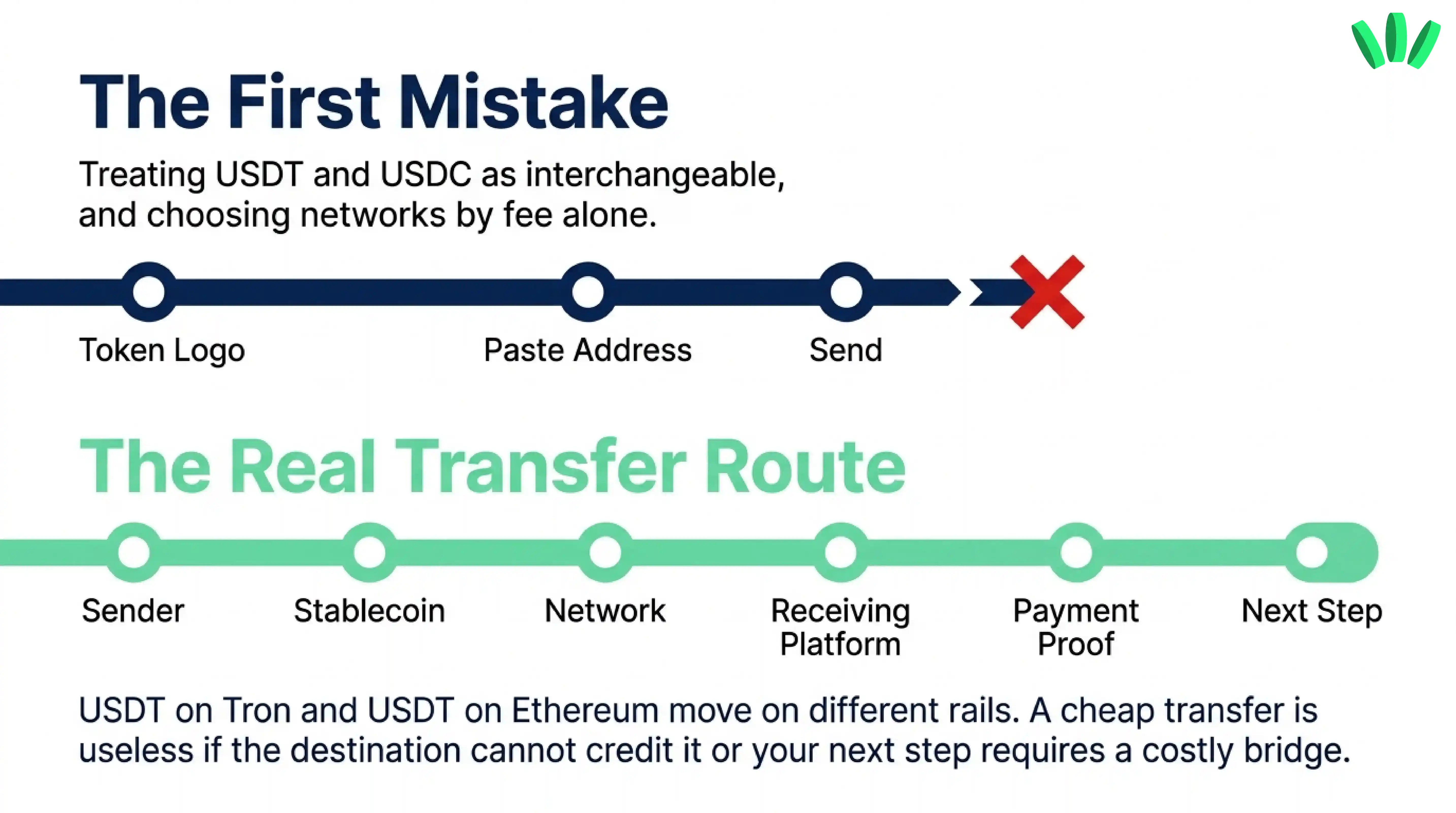 USDT and USDC transfer route from sender and stablecoin selection to network, receiving platform, payment proof, and next step