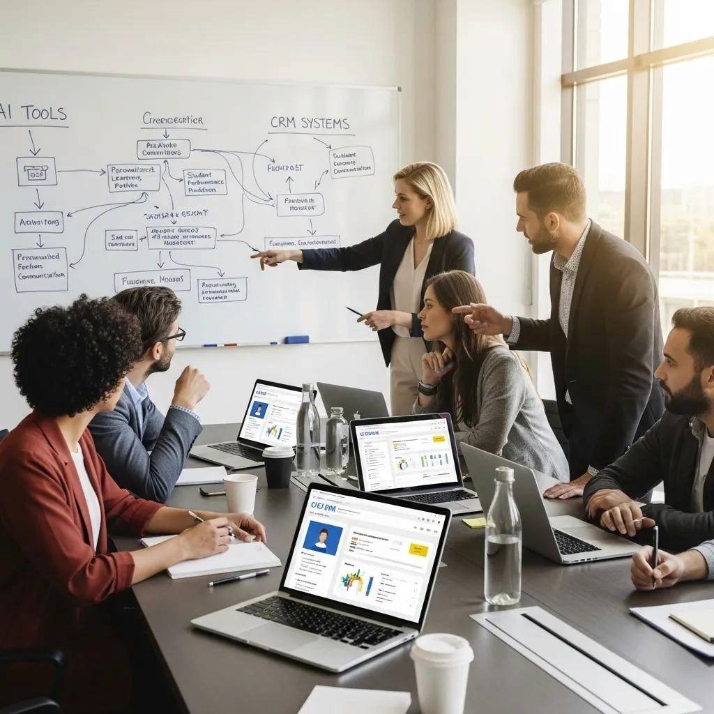 Educational professionals collaborating on AI and CRM integration strategies