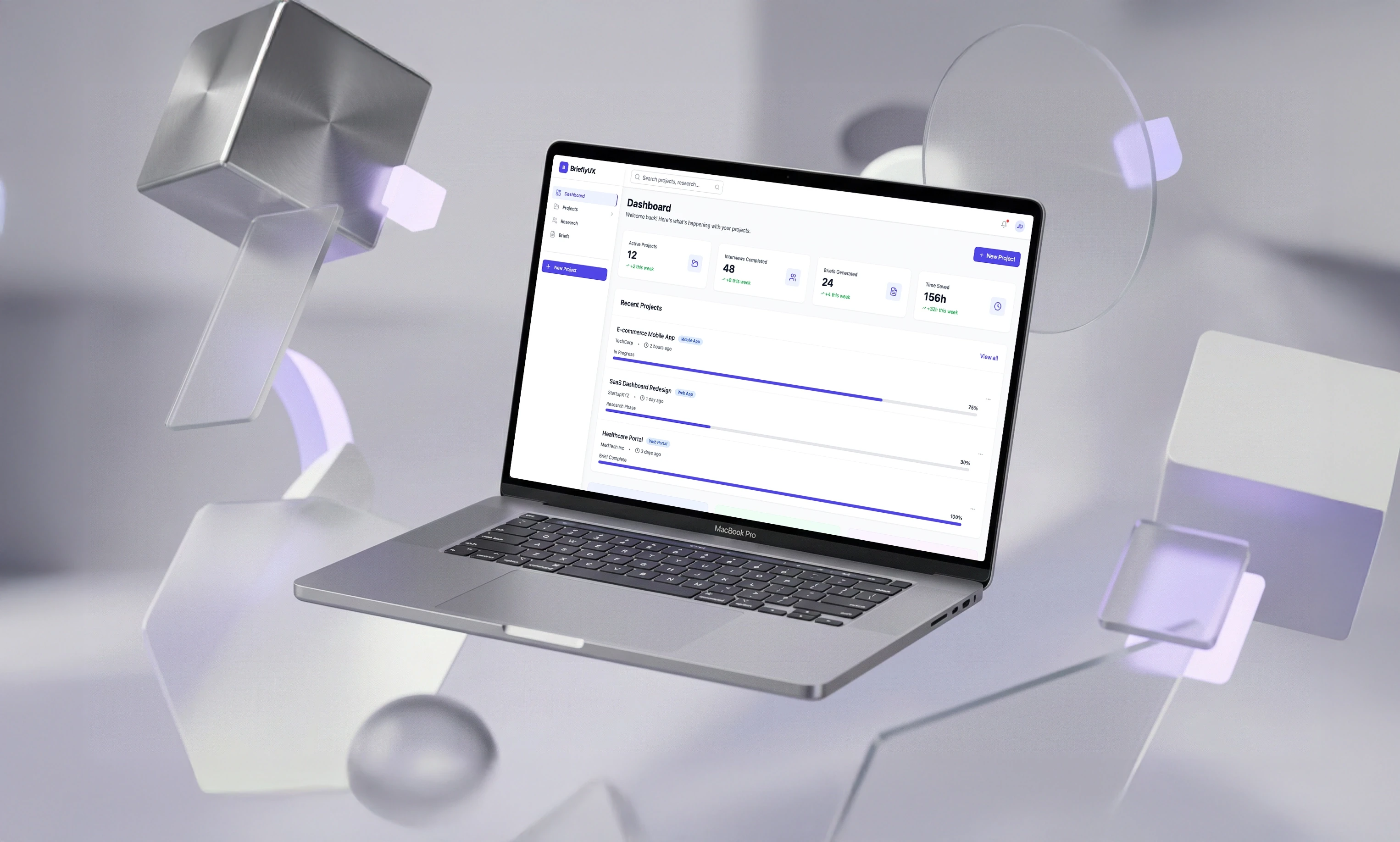 מוקאפ תלת-ממדי (3D) ריאליסטי של MacBook Pro המציג את עיצוב ממשק המשתמש (UI) של דשבורד BrieflyUX. המסך מציג כלי ניהול למחקר חווית משתמש (UX Research) עם נתונים על פרויקטים פעילים, ראיונות וחיסכון בזמן. המחשב מרחף בחלל אבסטרקטי נקי עם אלמנטים גיאומטריים ממתכת וזכוכית בגווני סגול ולבן, המדגישים אסתטיקת SaaS יוקרתית.