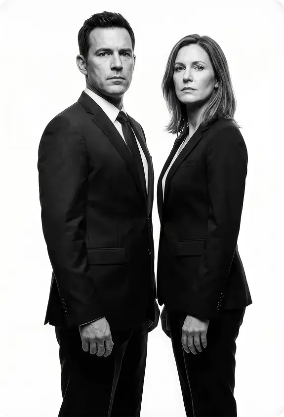 Portrait éditorial d'un duo d'associés en costume, posture sérieuse, noir et blanc.