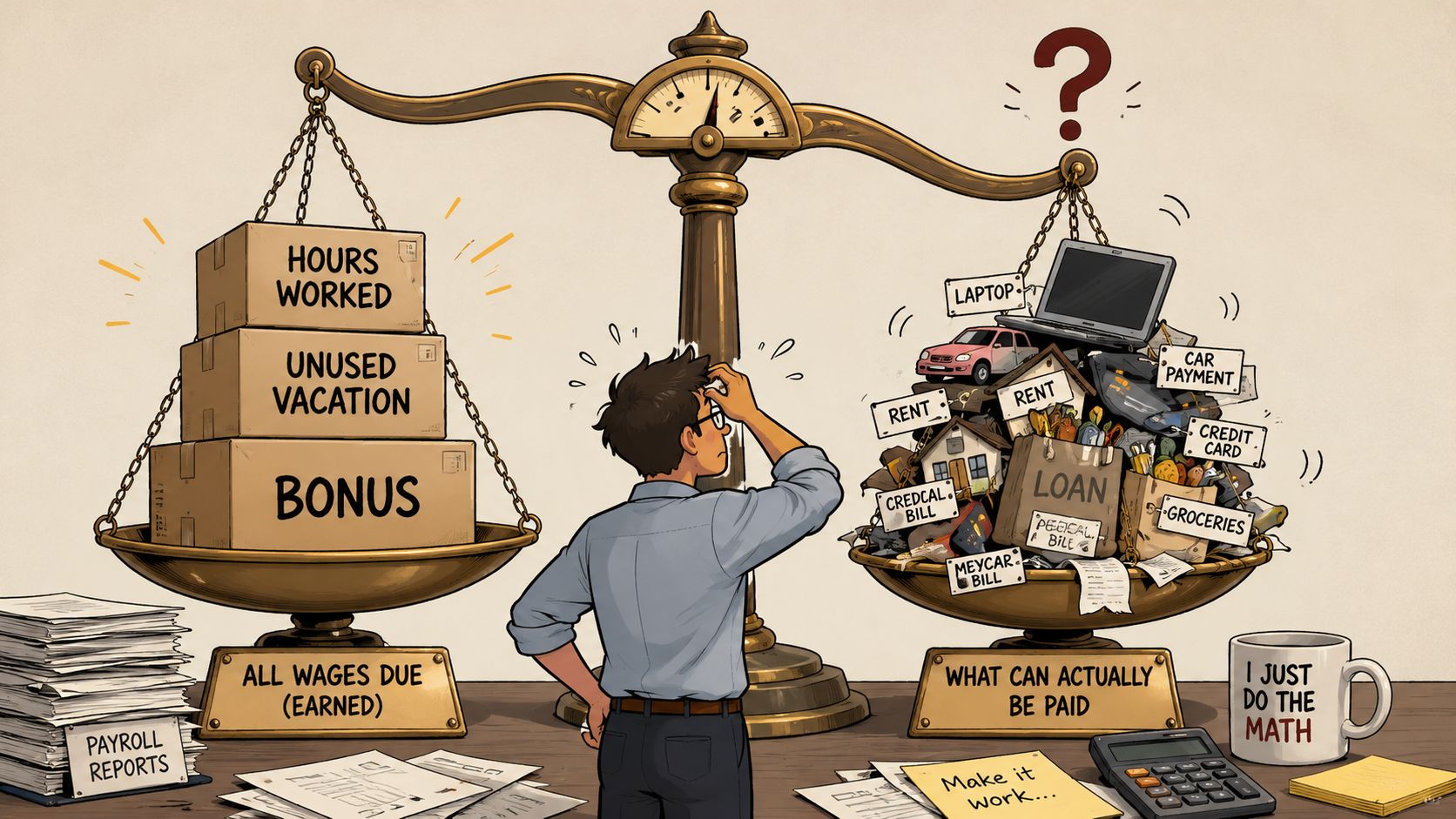 A person looking confused at a scale balancing earned wages against overwhelming debt and financial expenses.