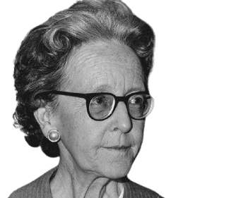 Black and white portrait of an elderly woman with short, wavy hair and glasses, looking thoughtfully to the side. She wears pearl earrings and a modest outfit, with a calm and composed expression. Her demeanor conveys a sense of wisdom and quiet resilience.