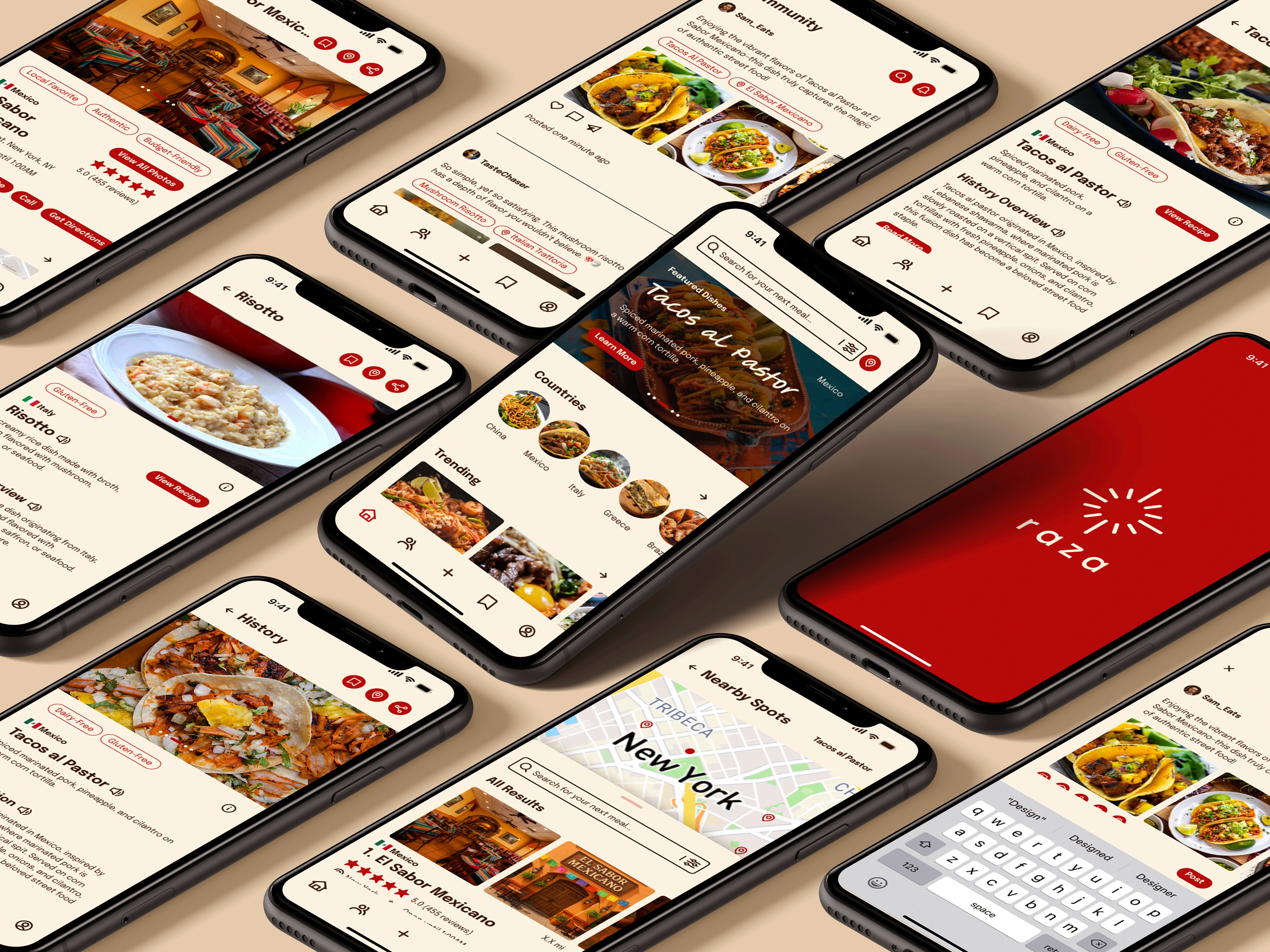 Mockup of multiple iPhone screens displaying Raza’s final UI flow, including dish history, community posts, and cultural storytelling features.
