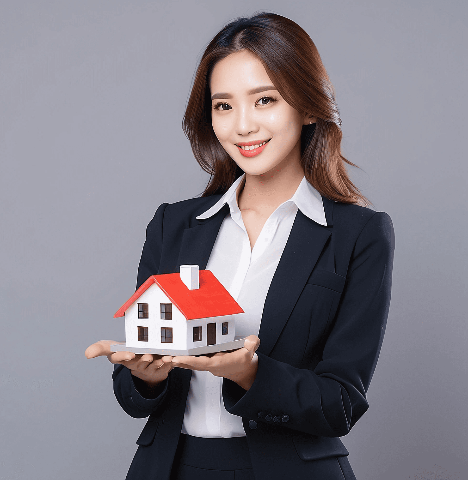 Expert female real estate agent holding a model house, representing comprehensive services including agency, staging, renovation, and property management in Cambodia.
