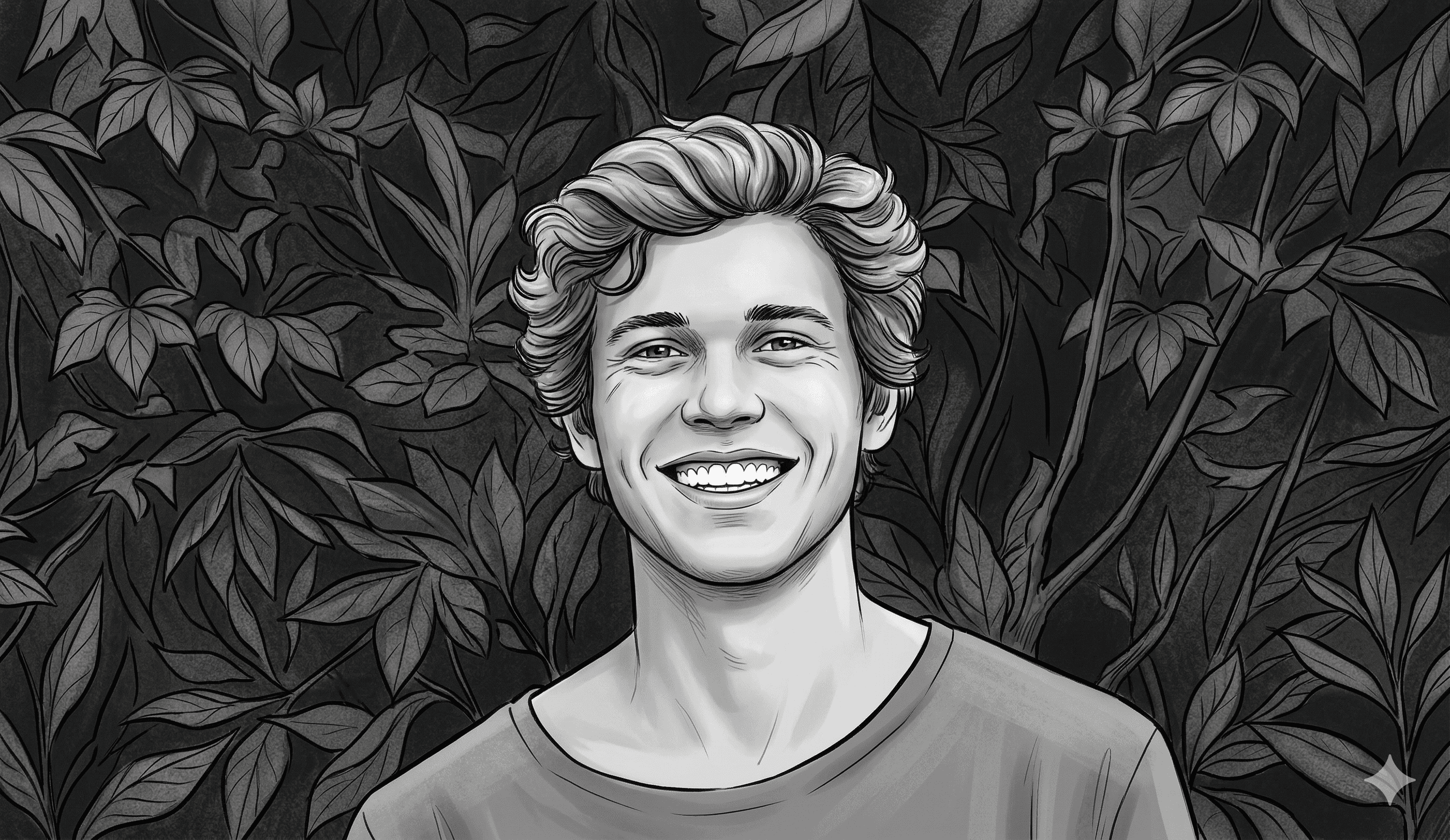Black and white illustrated headshot of Ollie Marsh with wavy blonde hair, smiling widely against a dark leafy background.