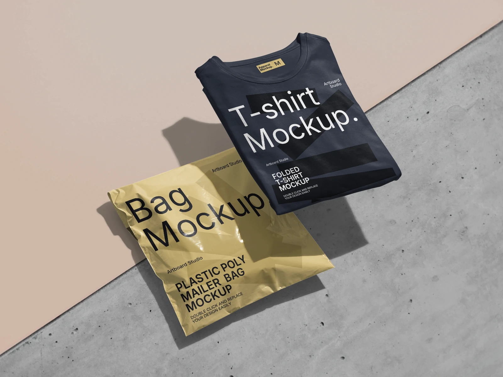 Folded T-shirt mockup with mailer bag