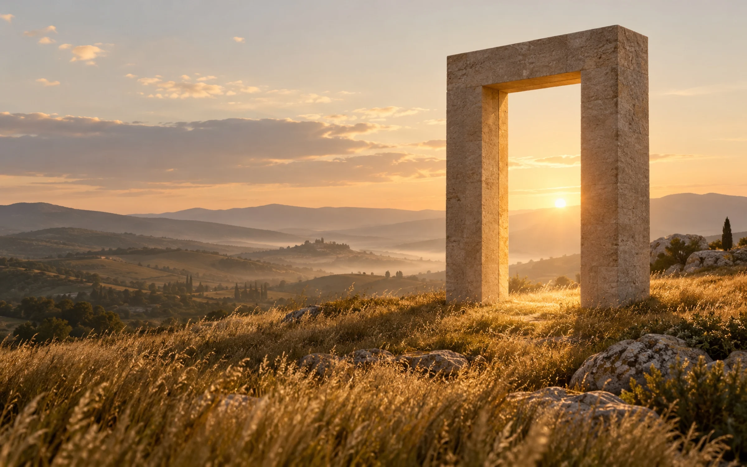 A freestanding sandstone doorway in a field of golden grass at sunset