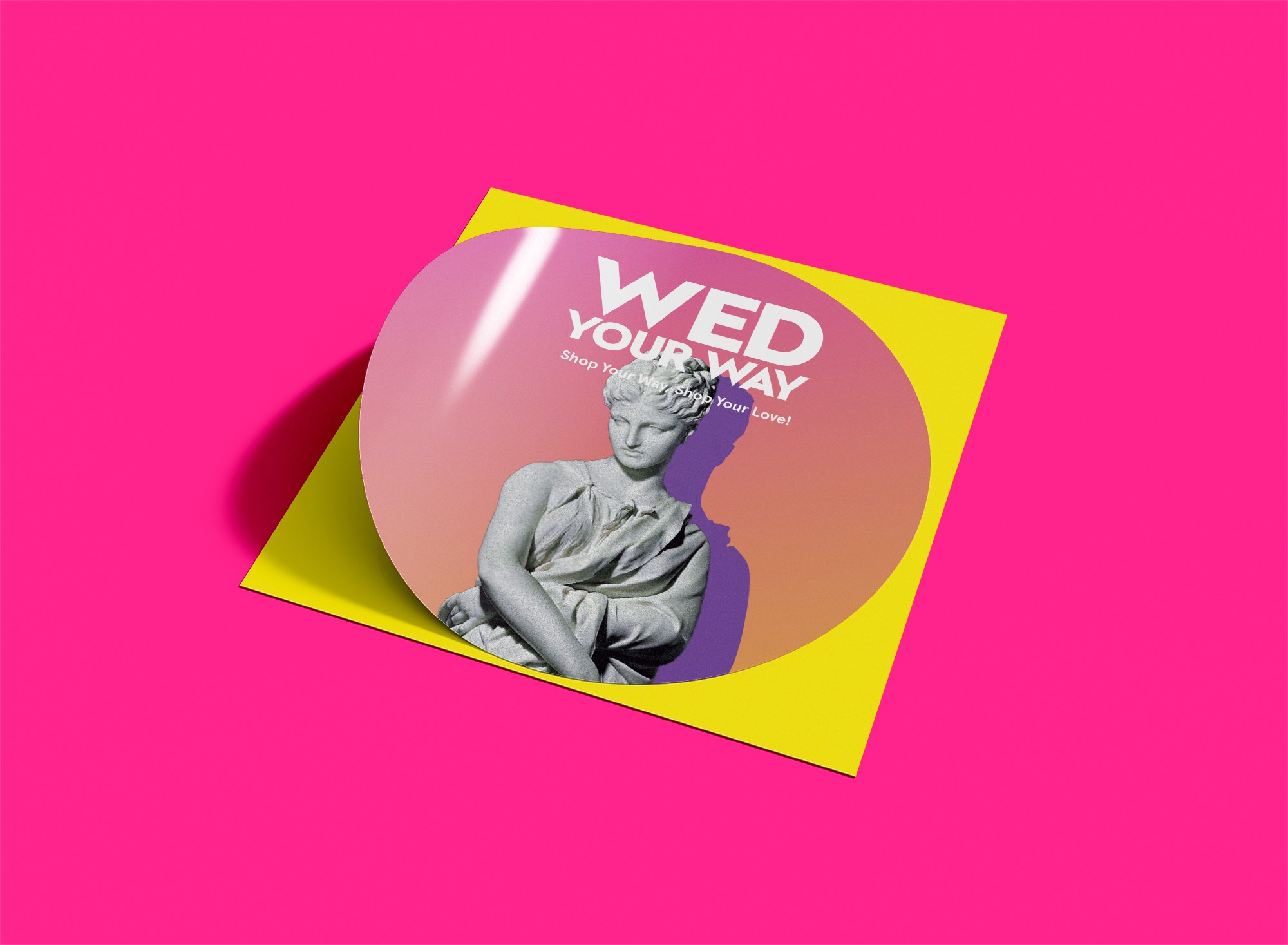 這張圖片展示了WED YOUR WAY的圓形宣傳貼紙。貼紙上有一個古典雕像，背景是紫色。