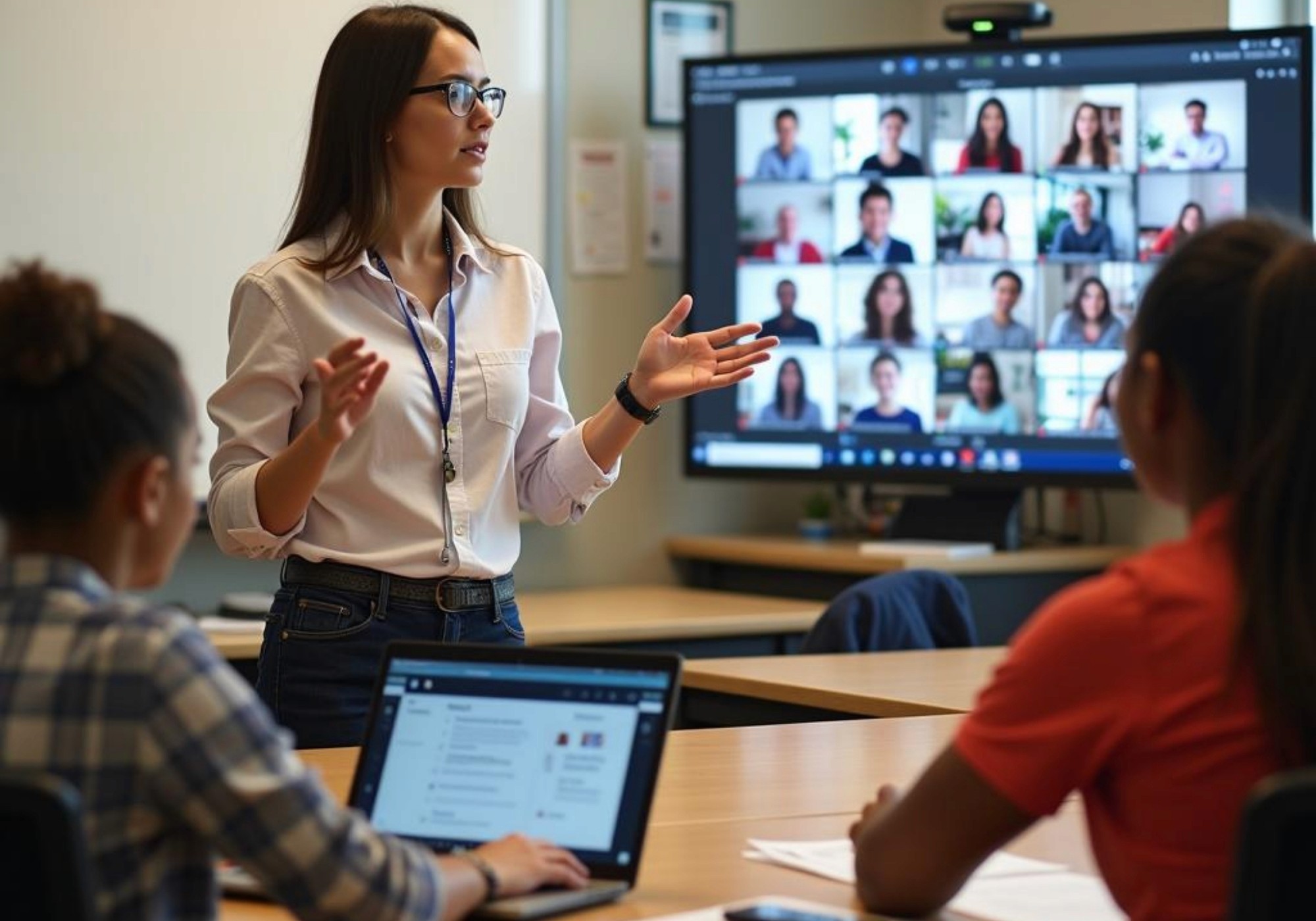 Teacher communicating with students and parents in a classroom setting or a virtual meeting.