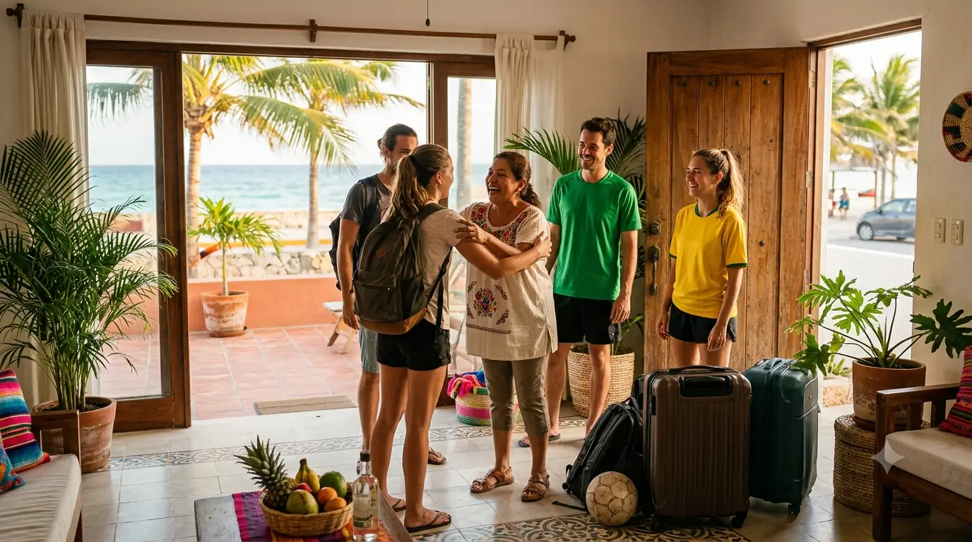 A host welcoming arriving international soccer fans with luggage in a bright vacation rental.