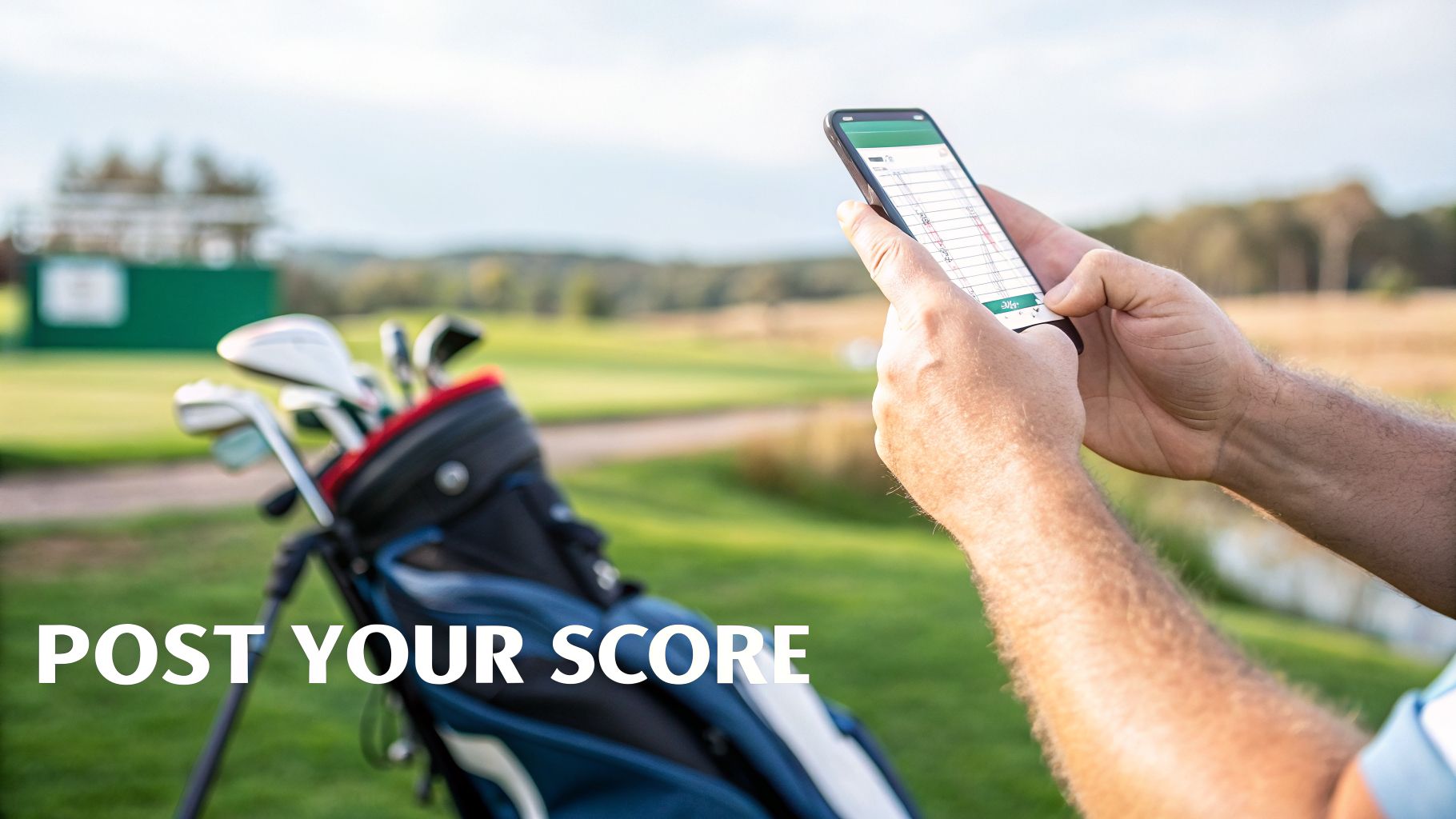 A golfer uses a smartphone to post scores on a sunny golf course with a golf bag nearby.