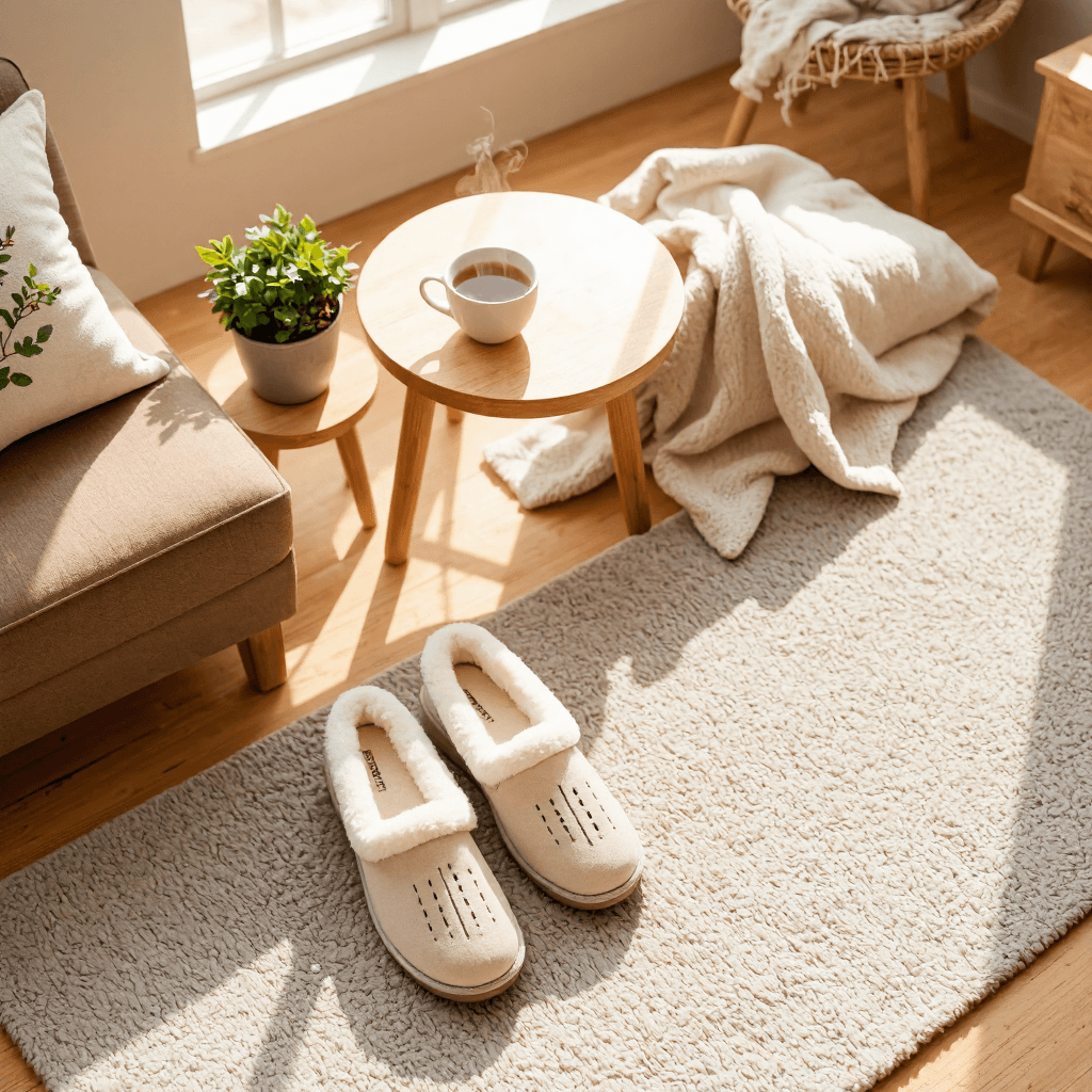 product photography of a pair of cozy slip-on shoes with a soft lining, designed for comfort and indoor use