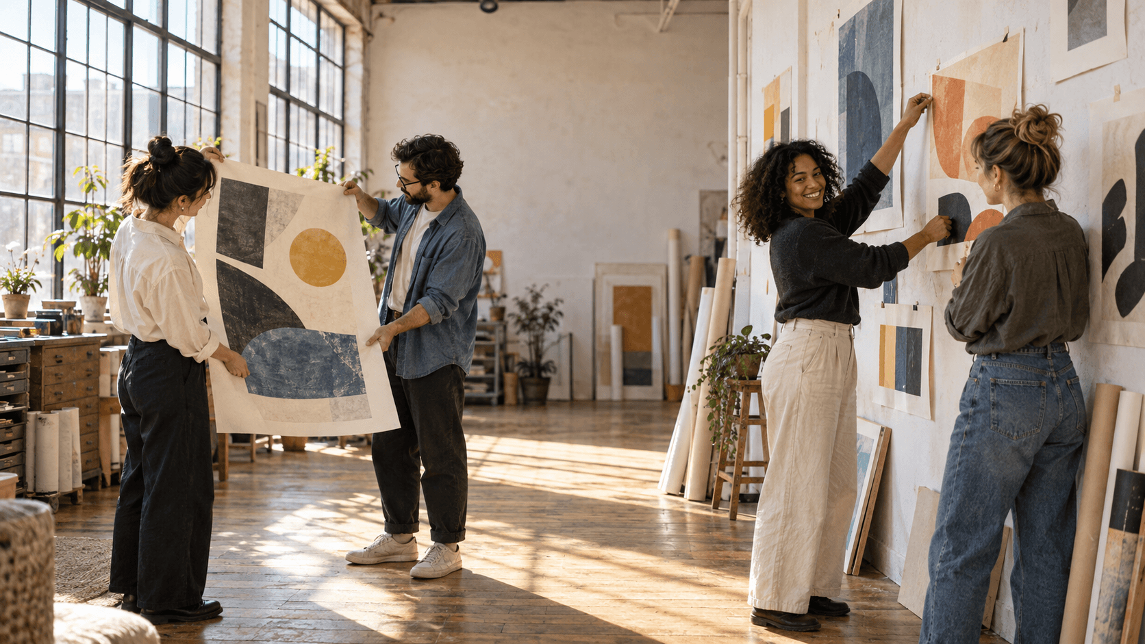 Four designers hanging brand artwork in a sunlit print studio