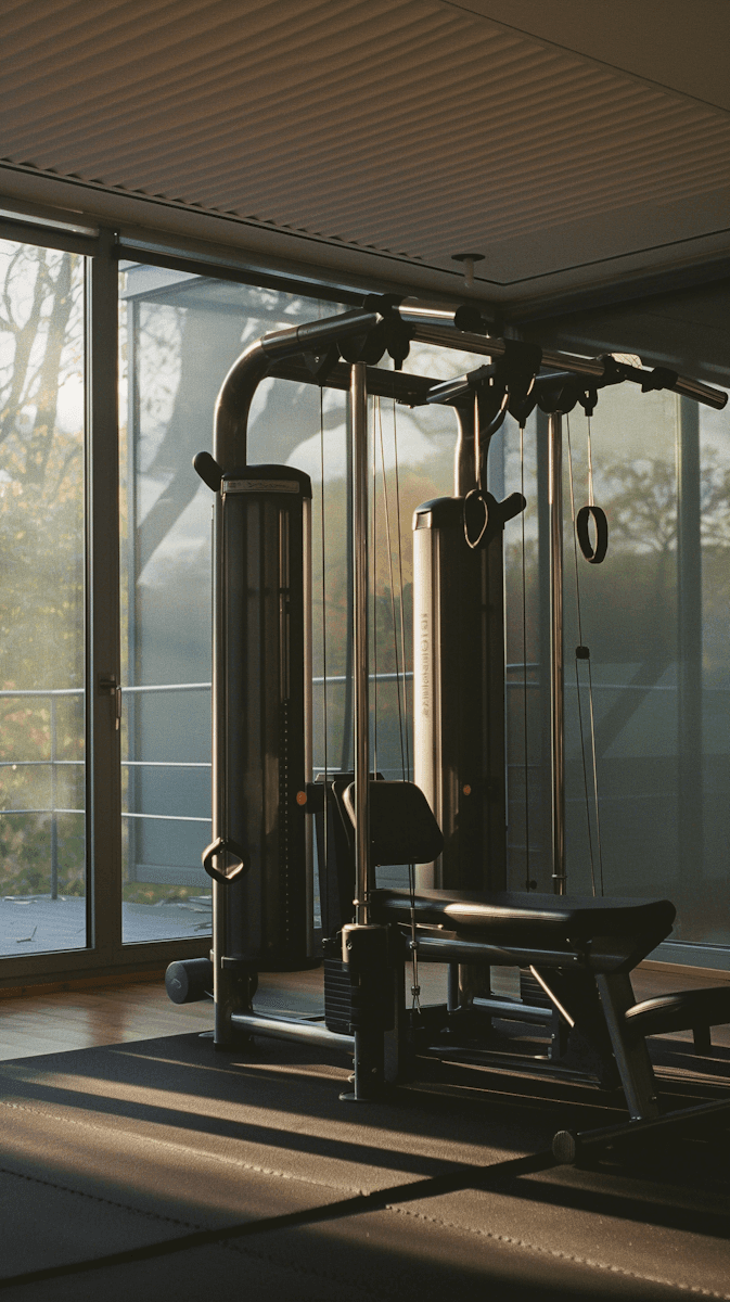 Cable machine and weight bench in bright modern gym with large windows.