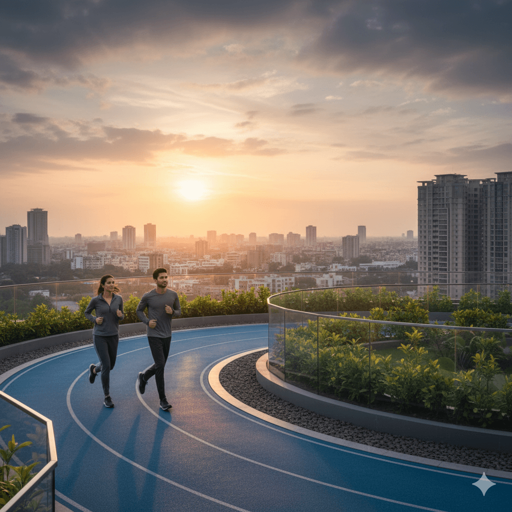 Residents jogging on a scenic rooftop track overlooking Noida at The Address