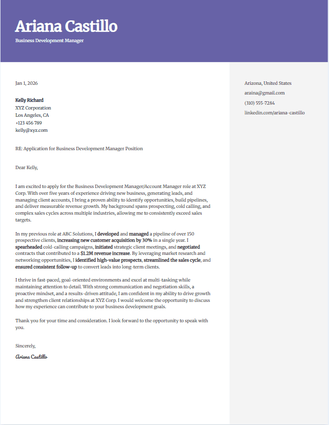 Cover letter example for business development manager