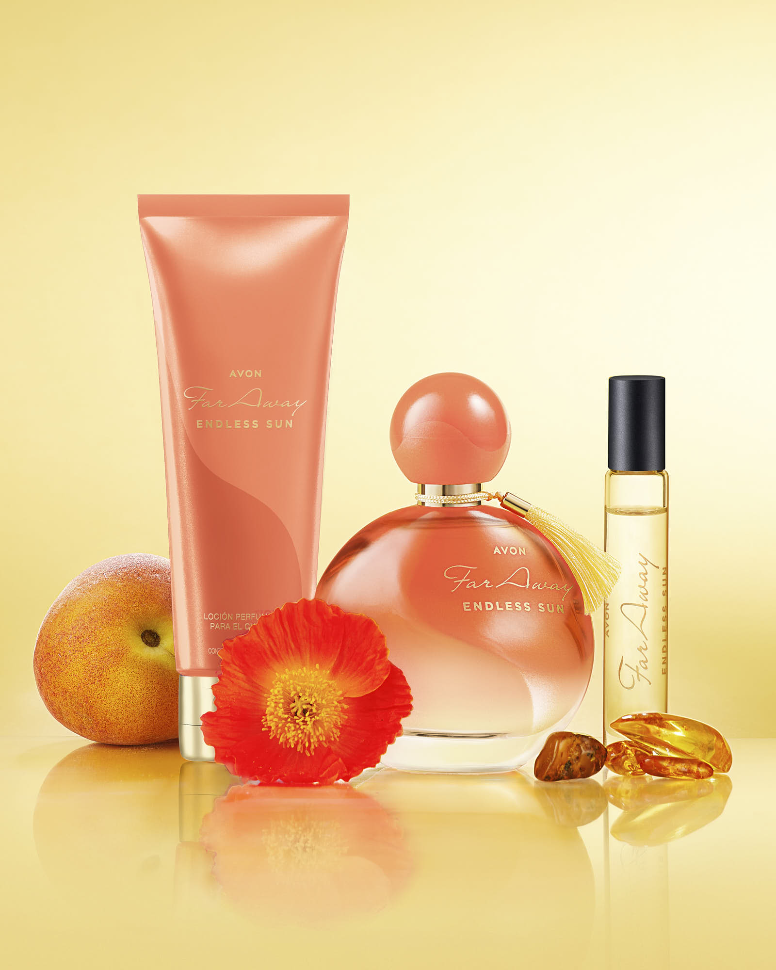 Three cosmetic products, including a perfume and lotion, surrounded by decorative fruits, against a golden background.