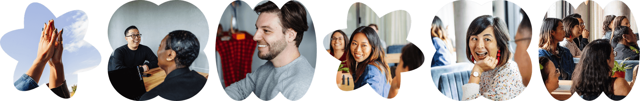 Row of five cutout-style photos showing coworkers high-fiving, chatting, and smiling together in casual workplace moments.