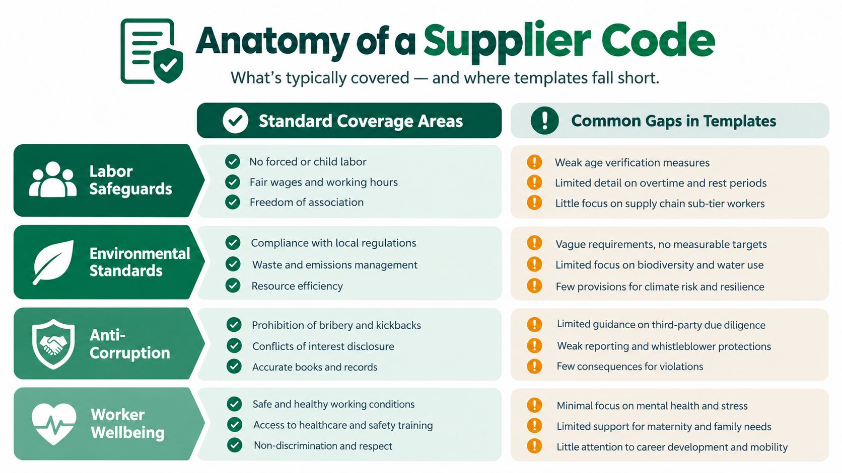 An infographic titled Anatomy of a Supplier Code outlining standard coverage areas and common template gaps.