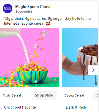 Publicité carrousel Magic Spoon sur Facebook présentant plusieurs parfums de céréales