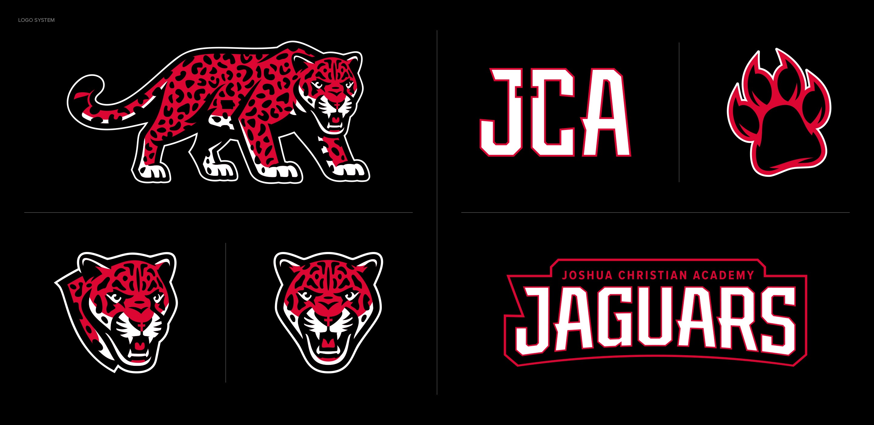 Joshua Christian Academy logo system based around full body jaguar, head marks, paw, and wordmarks.