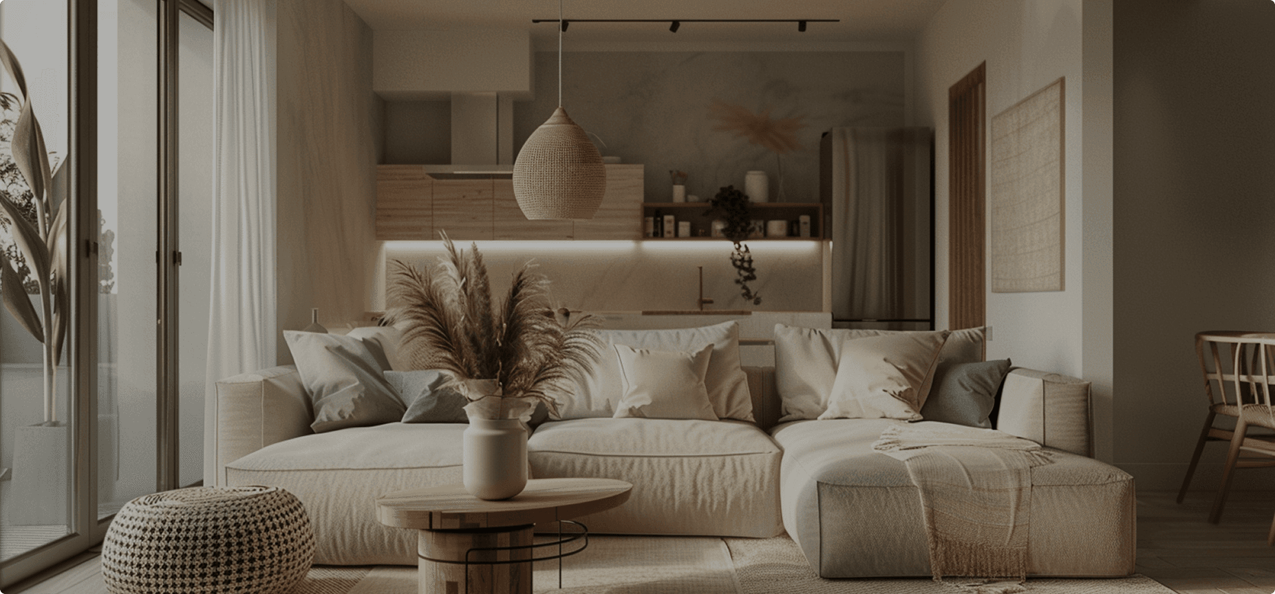 Przytulny, nowoczesny salon w odcieniach beżu. Wnętrze z dużą jasną sofą, okrągłym drewnianym stolikiem kawowym i plecionym pufem, oświetlone naturalnym światłem wpadającym przez duże okna tarasowe.