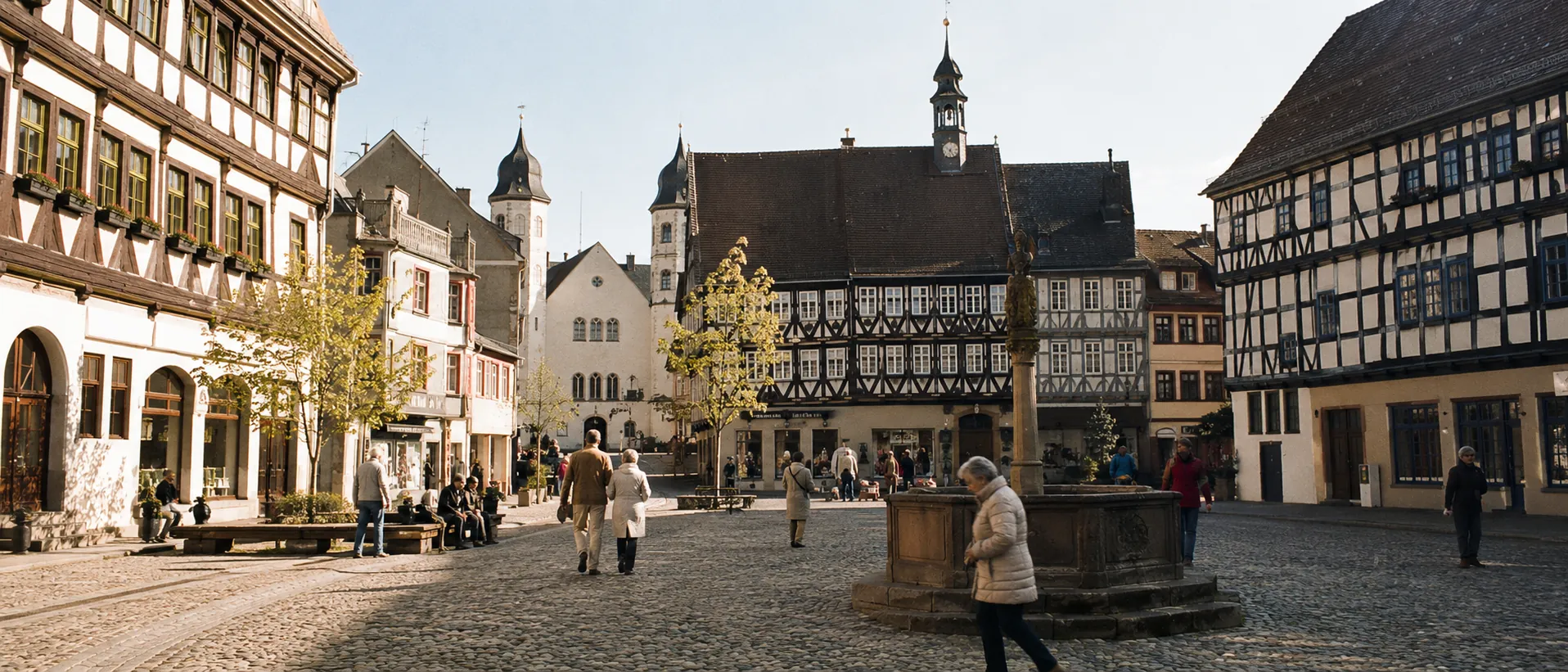 Historischer Marktplatz in Sachsen-Anhalt mit Fachwerkhäusern und Passanten im Morgenlicht