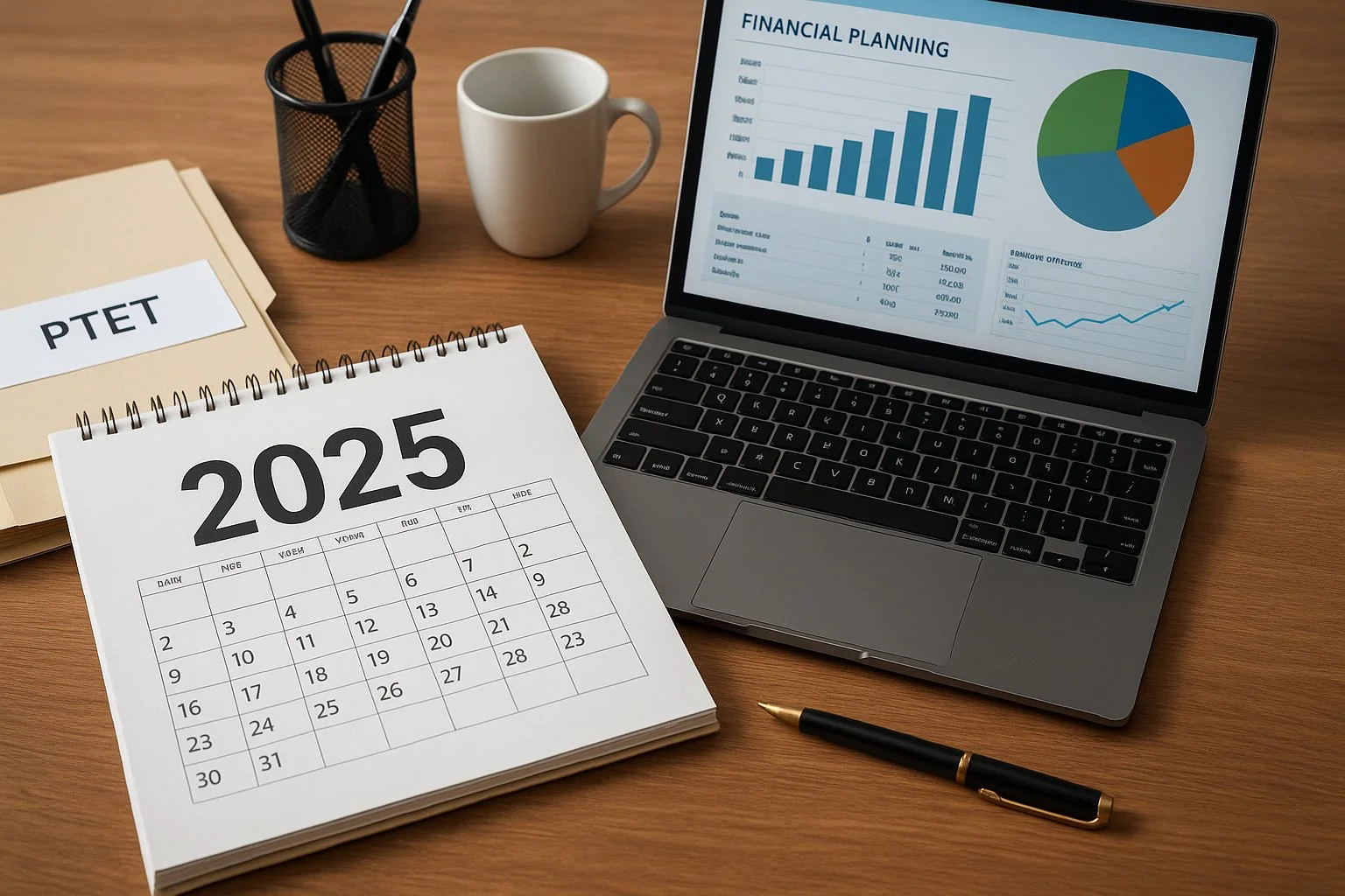 Workspace with a 2025 calendar, laptop displaying financial planning software, and labeled folders including PTET and SALT Strategy.