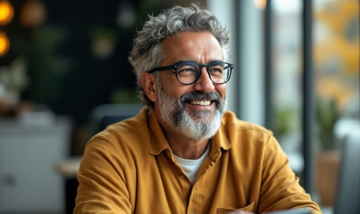 Bearded man wearing glasses sitting by a window