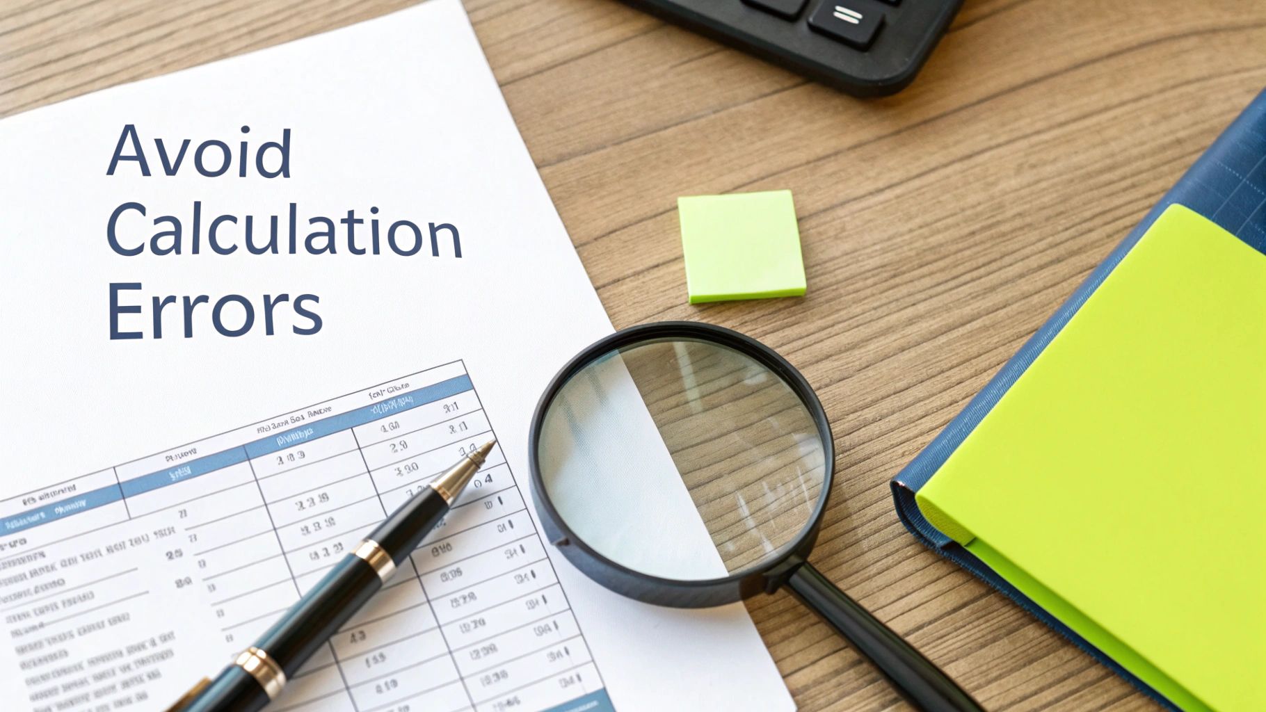 Paper with 'Avoid Calculation Errors' text, a pen, and a magnifying glass over financial data.
