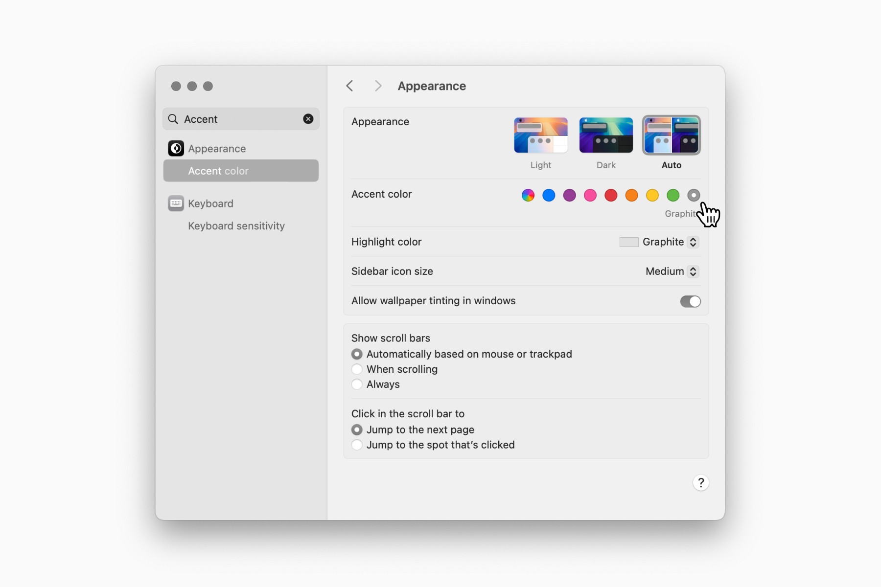 Mac System settings showing the Accent Color customization option.