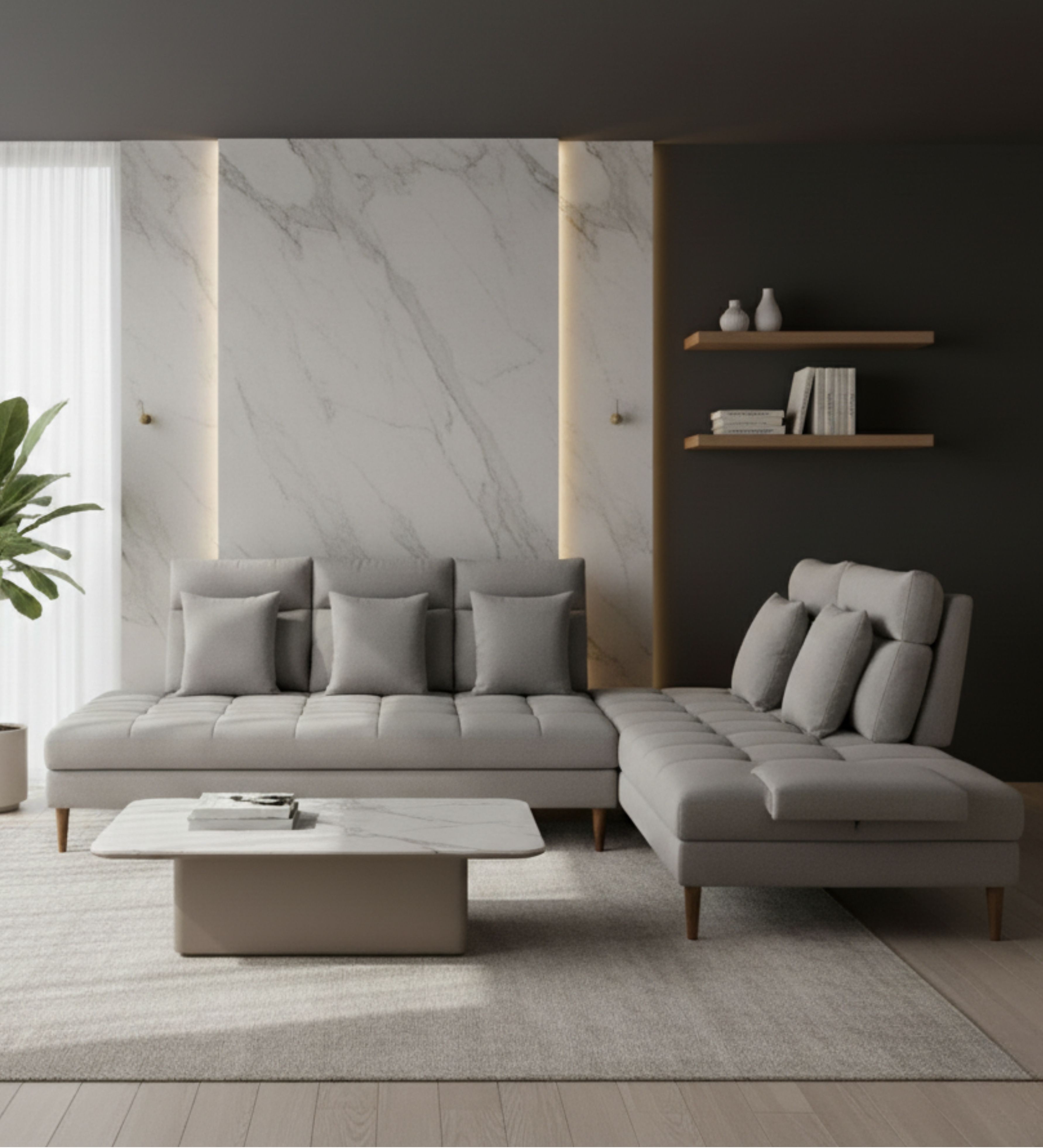 Low‑profile sectional sofa with soft grey upholstery and clean modern lines