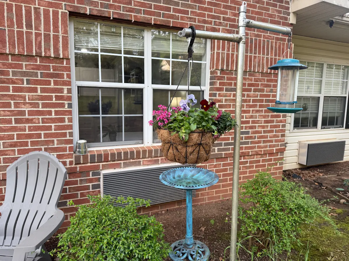 A hanging flower pot filled with blooming flowers outside a brick house, showing quiet resilience after a difficult day.