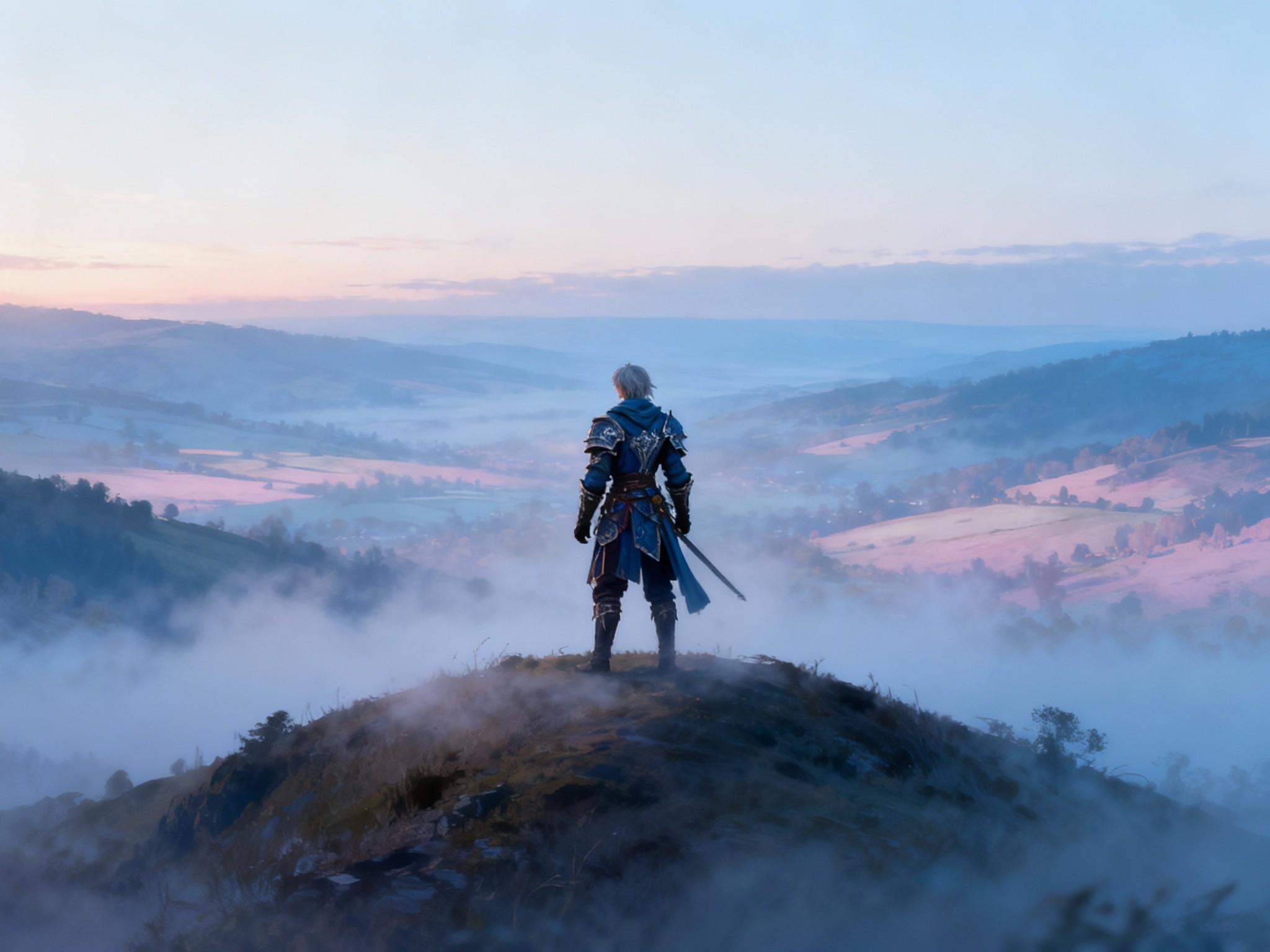 An atmospheric wide landscape composition of a solitary cosplayer in a detailed medieval fantasy
