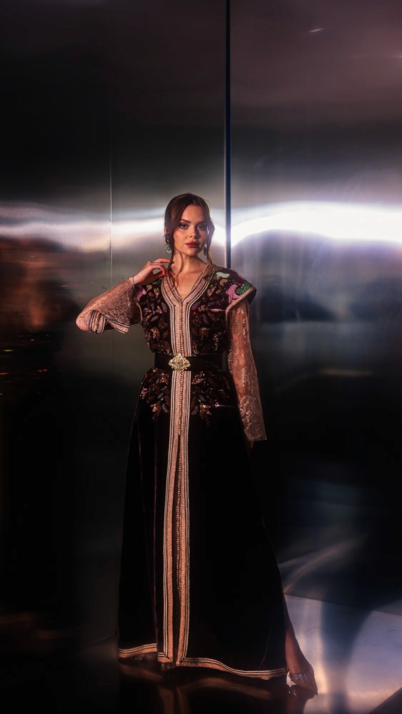 Umber Velour Moroccan caftan with intricate handmade detailing, luxury evening couture piece for Bahrain