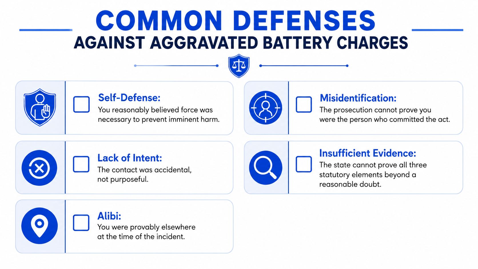 An infographic listing five common legal defenses against aggravated battery charges in a clear, structured format.