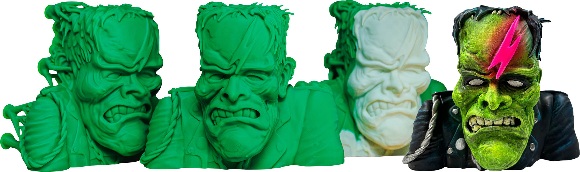 Four versions of a sculpted Frankenstein-style bust showing its progression from green 3D print to a fully painted figure with a neon pink lightning bolt on the forehead, green skin, and a black leather jacket.