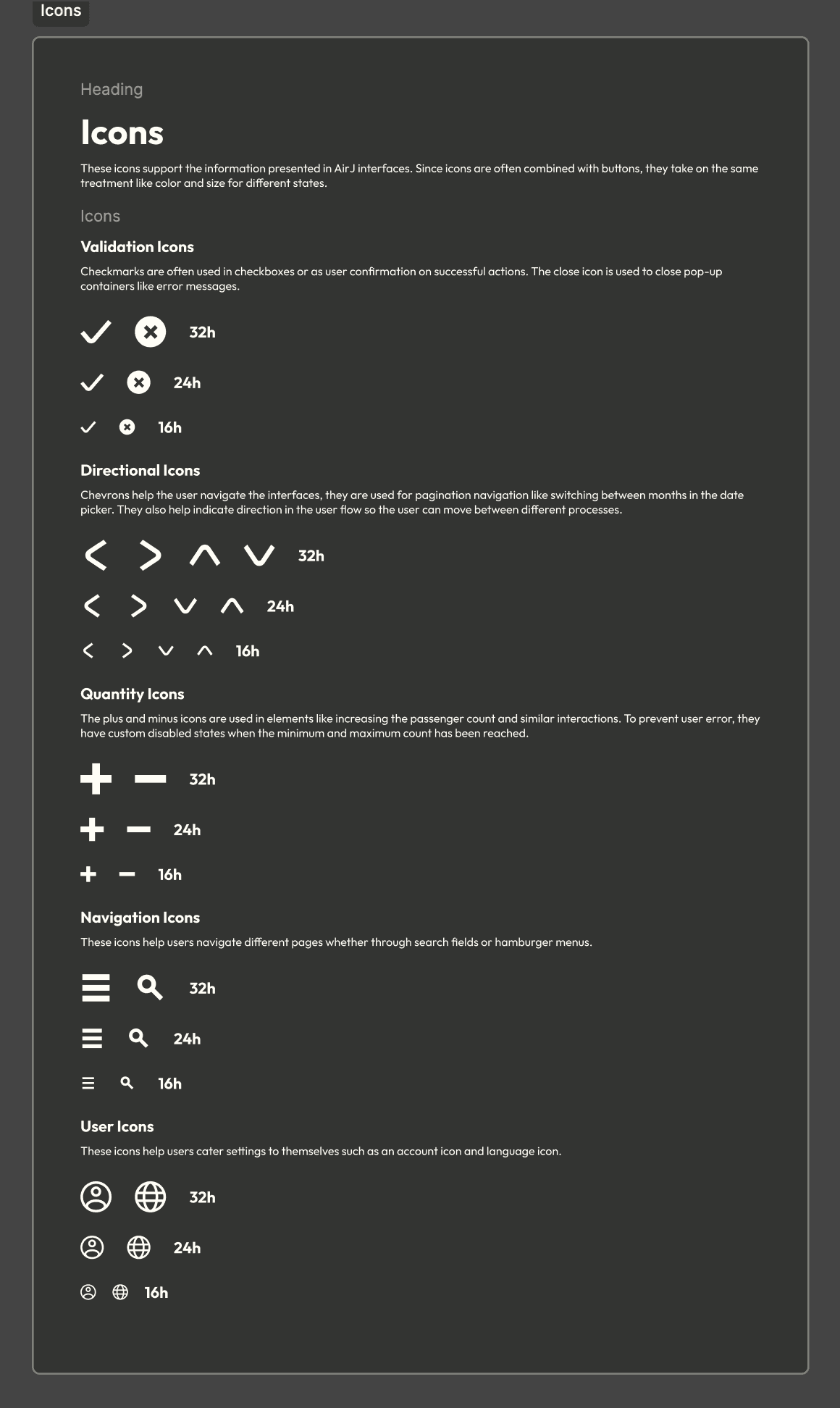 Design system page for icon components.