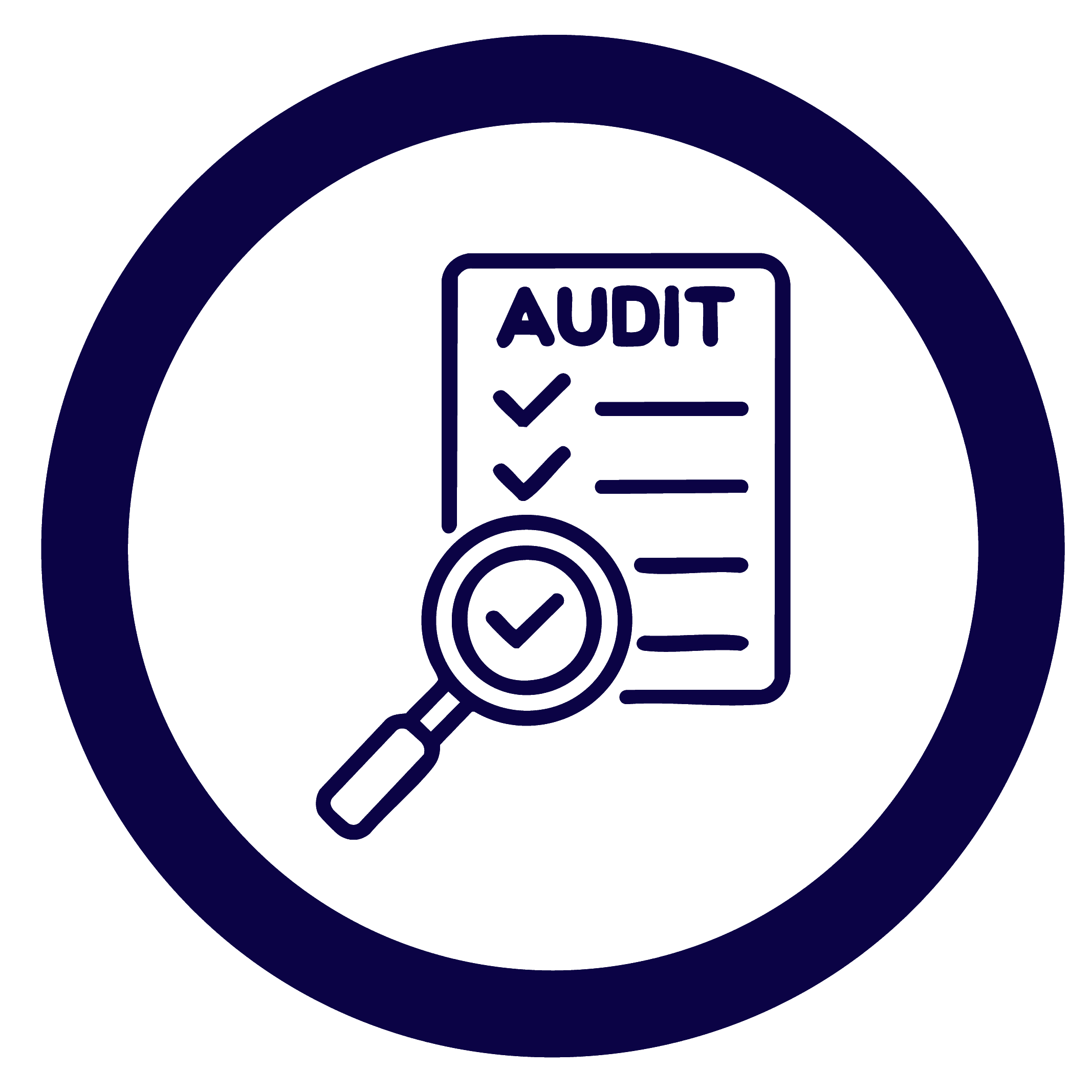 circle icon in blue of an audit checklist with a maginfing glass