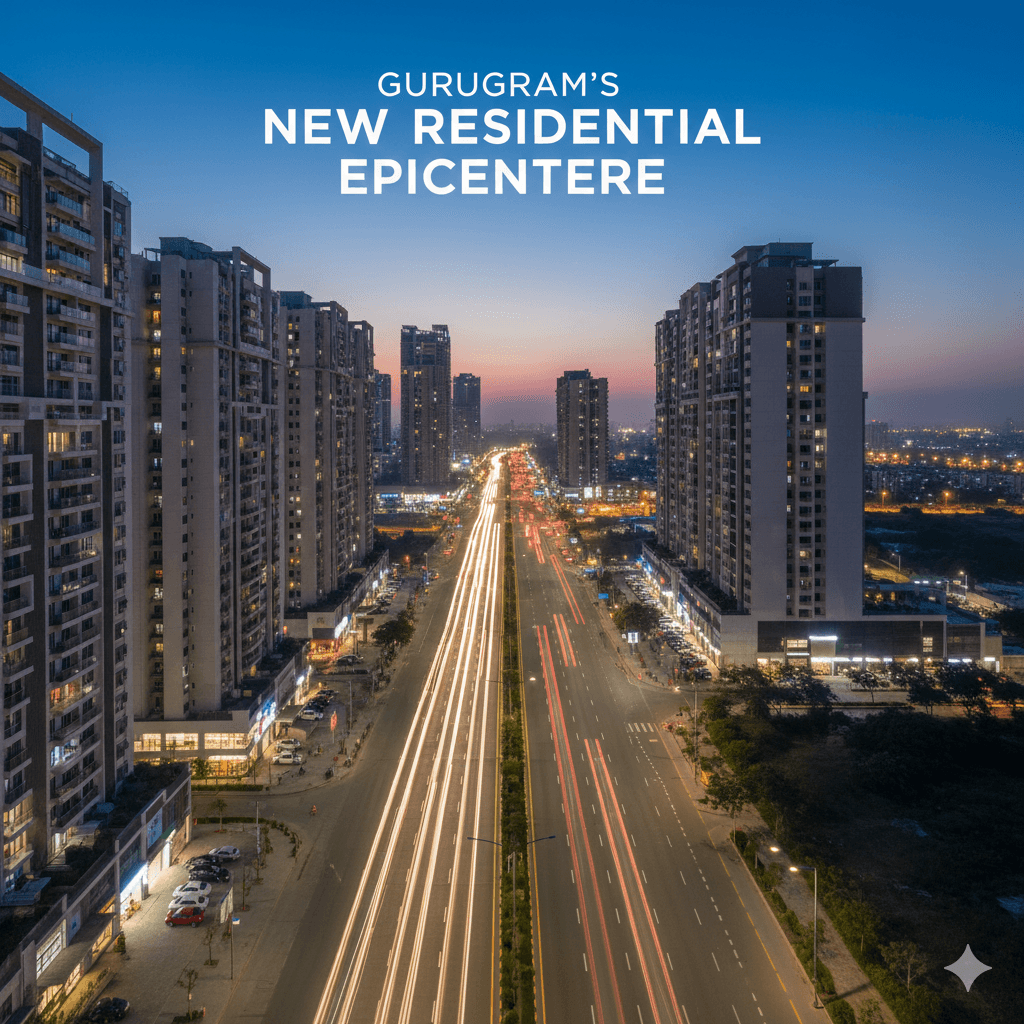 High-angle view of Golf Course Extension Road at dusk, marking the new Gurugram luxury hub