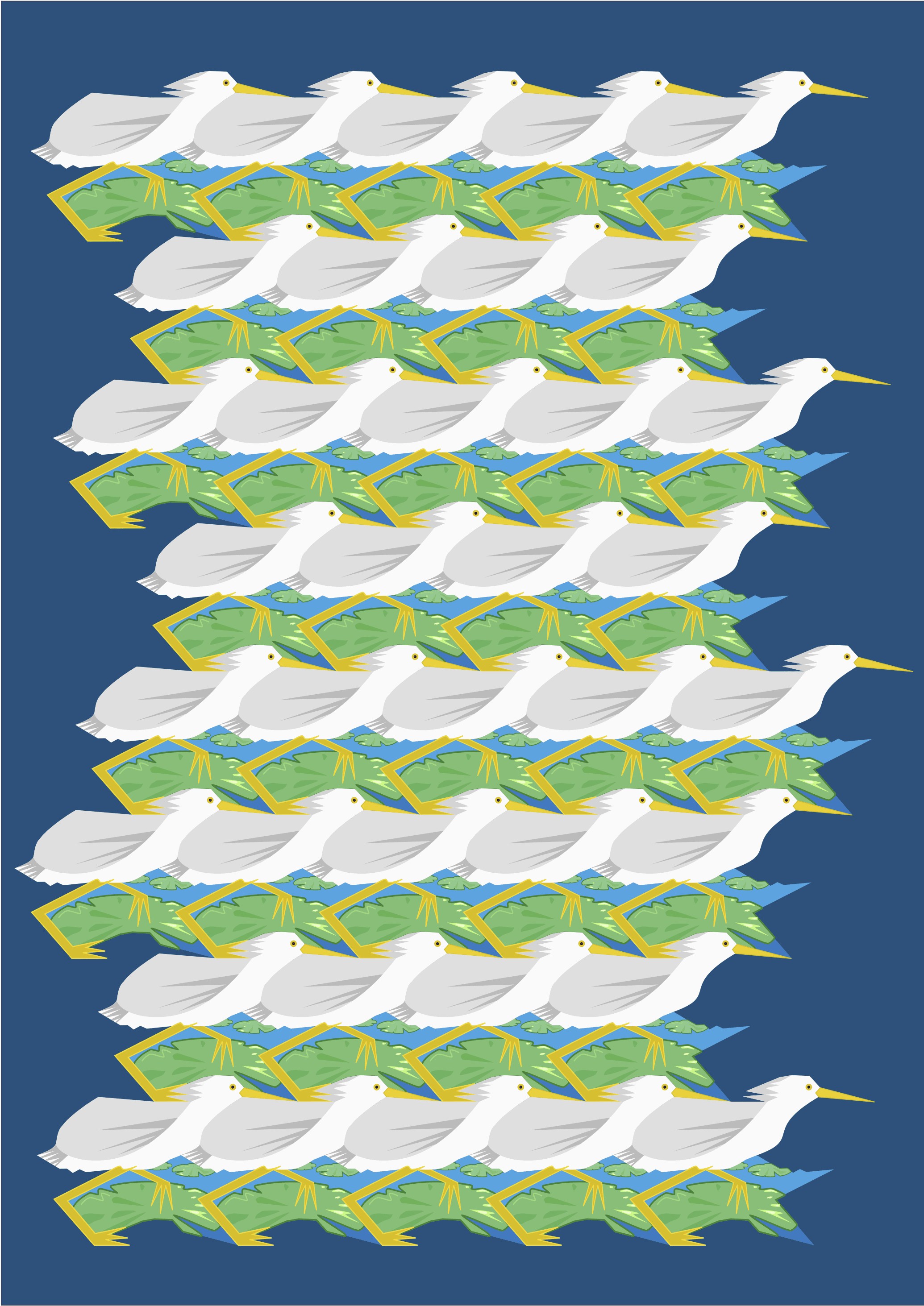 Tessellation of a bird wading through water lillies.