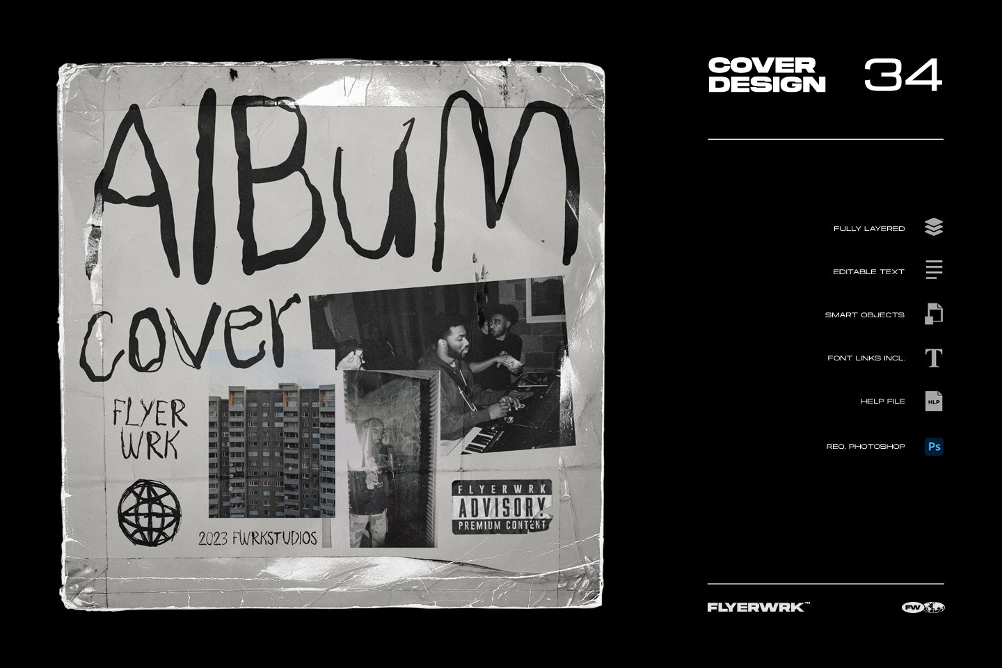 Brutalist album cover template featuring large hand drawn typography and urban photography elements